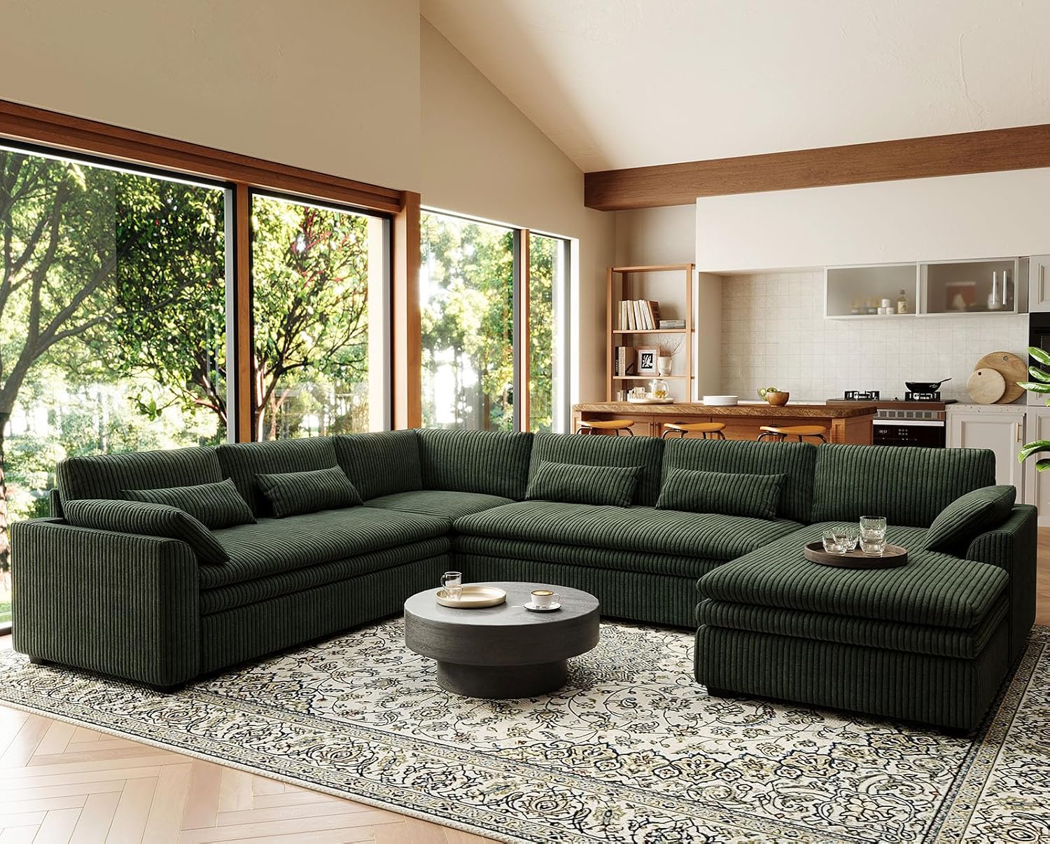 Belffin Large Modular Sectional Sofa with Deep Chaise, Corduroy U Shaped Couch with 9' Soft Dual-Layer 7 Seats Cushion for Living Room, Apartment, Green