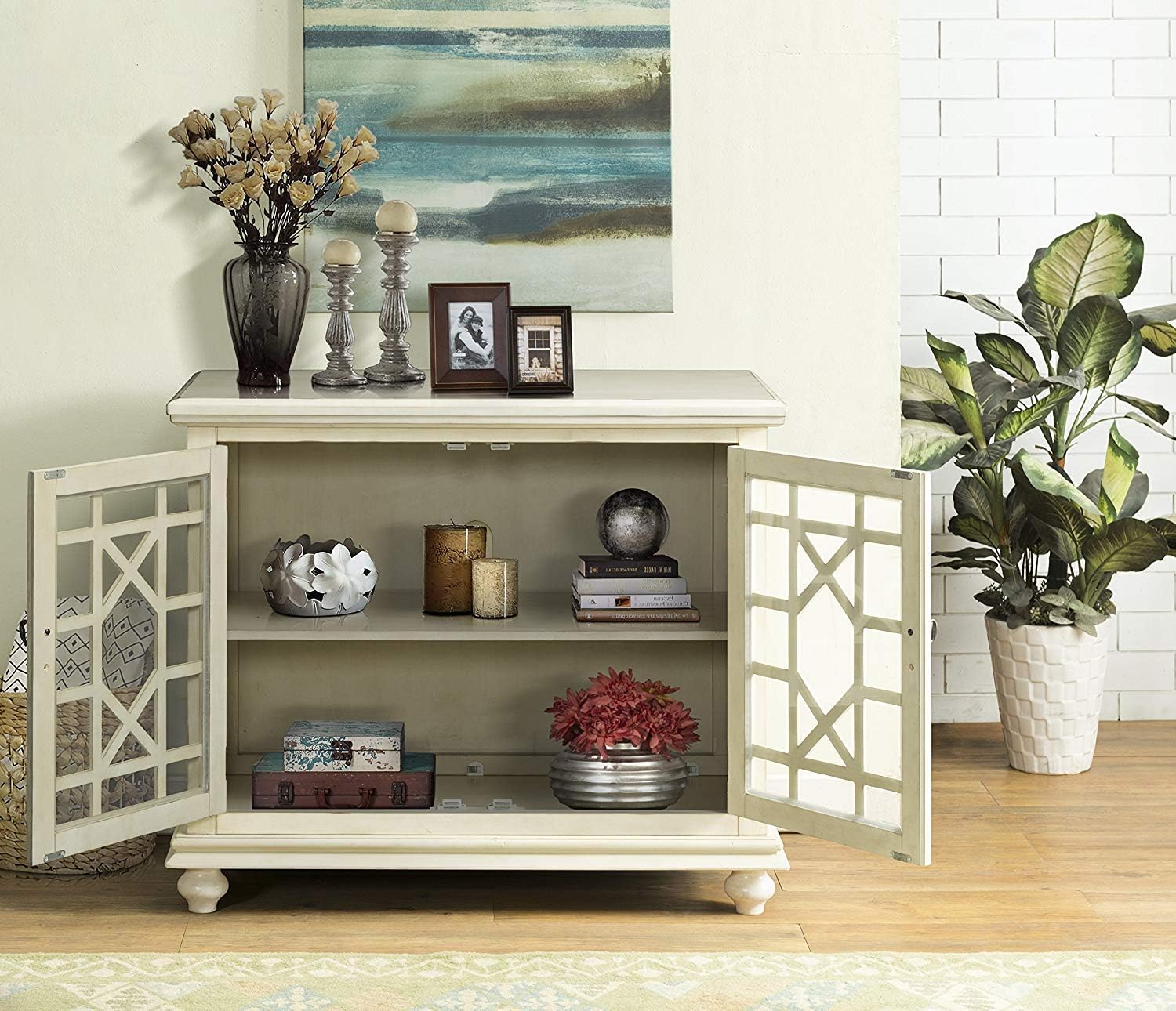 Martin Svensson Home Elegant Small Spaces Accent Cabinet with Glass Doors, Vintage Sideboard or Small TV Stand for Living Room or Entryway. Antique Cream White.