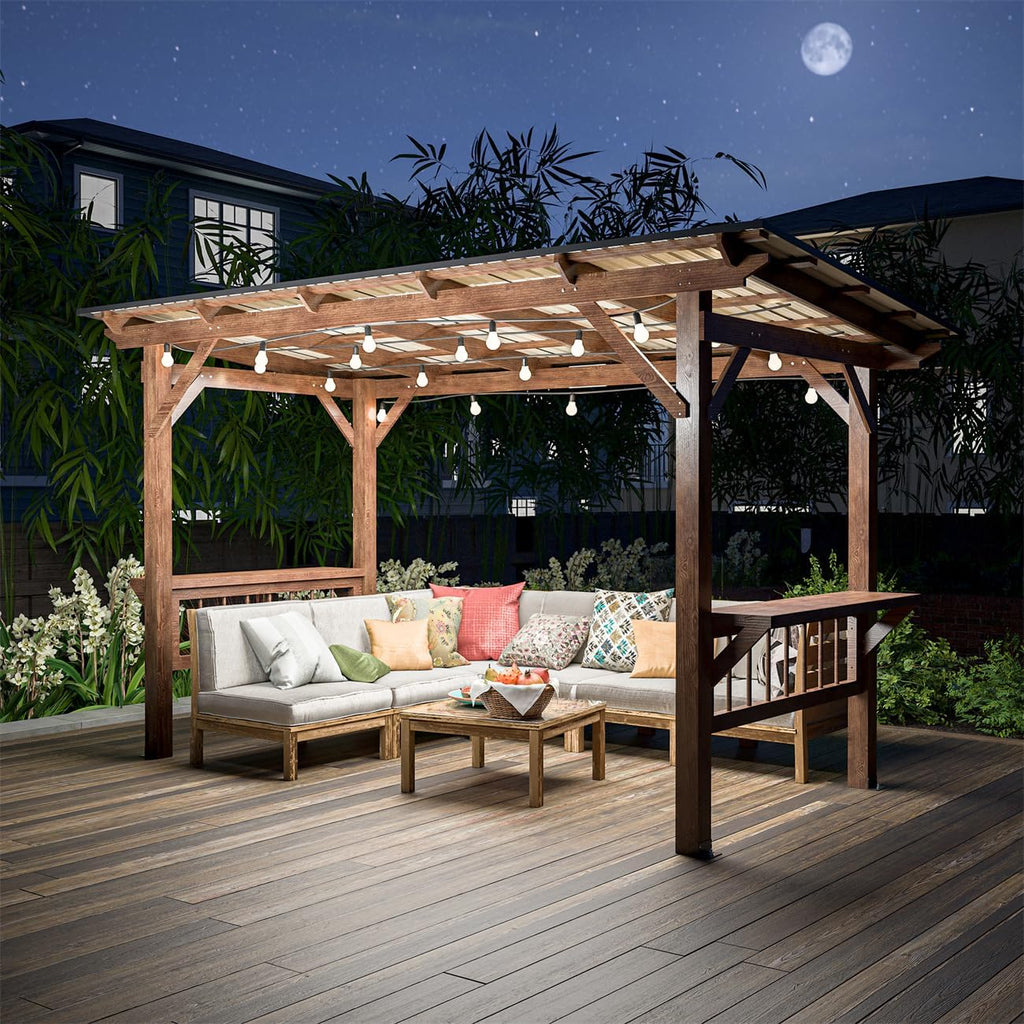 13' x 6.5' Wooden Pergola Grill Gazebo with Metal Roof & Bulbs & Bar Counters