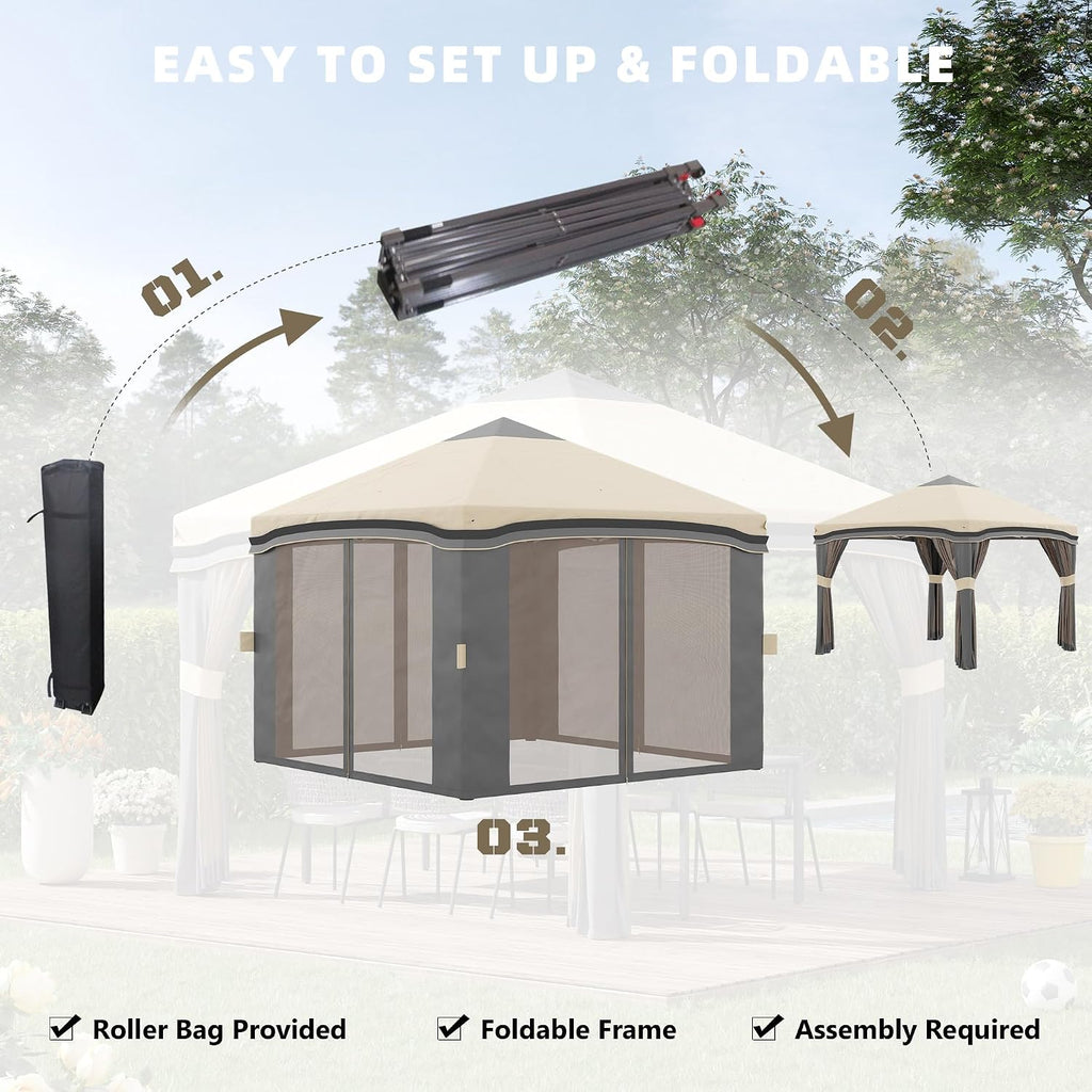 Outsunny 10' x 10' Pop Up Canopy Tent with Netting, Instant Tents for Parties, Height Adjustable, with Wheeled Carry Bag and 4 Sand Bags for Outdoor, Garden, Patio, Beige