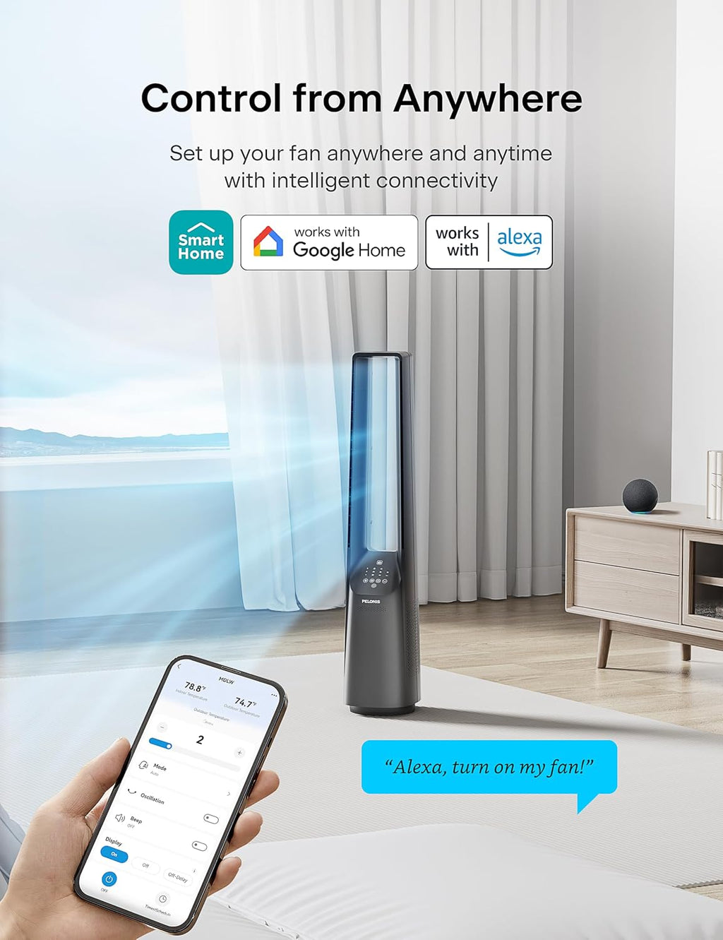 PELONIS 40' Smart Bladeless Fan for Bedrrom - Tower Fan, Alexa/Google/WiFi, DC Motor, 6 Speeds, 4 Modes, Remote, 7H Timer, 90° Oscillation, Safe for Home and Office