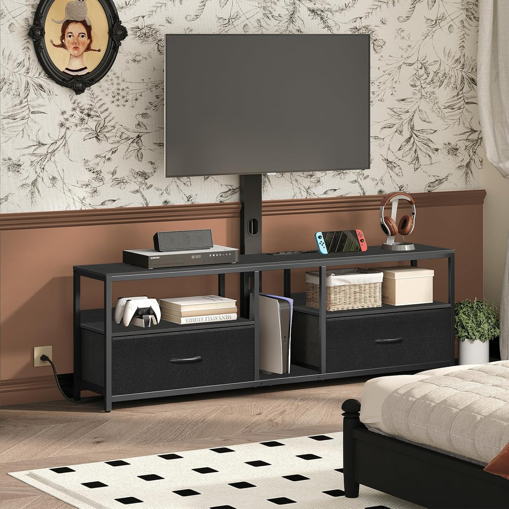 MAHANCRIS TV Stand with Mount for up to 75', Entertainment Center with Switch-Controlled Charging Station, Swivel TV Stand Mount with Fabric Drawers, for Living Room, Black TVBK154E01N2
