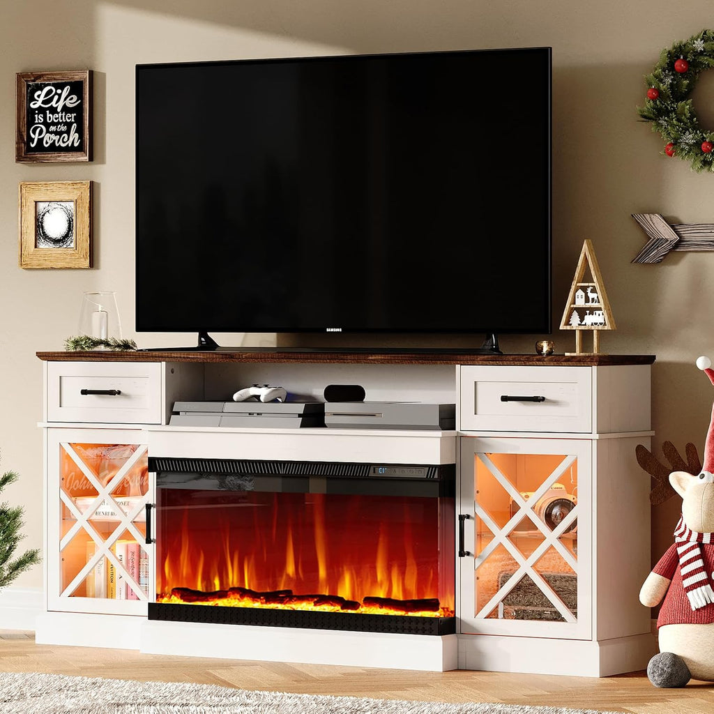 AMERLIFE Farmhouse LED Fireplace TV Stand with 3-Sided Glass Fireplace, 70' Large Entertainment Center for TVs up to 80', Rustic TV Console with Glass Door Storage for Living Room, Barnwood+White