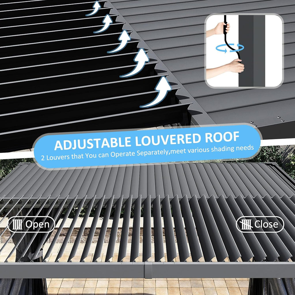 14×12FT Modern Louvered Pergola, Adjustable Aluminum Outdoor Pavilion for Patio, Garden, and Backyard Relaxation