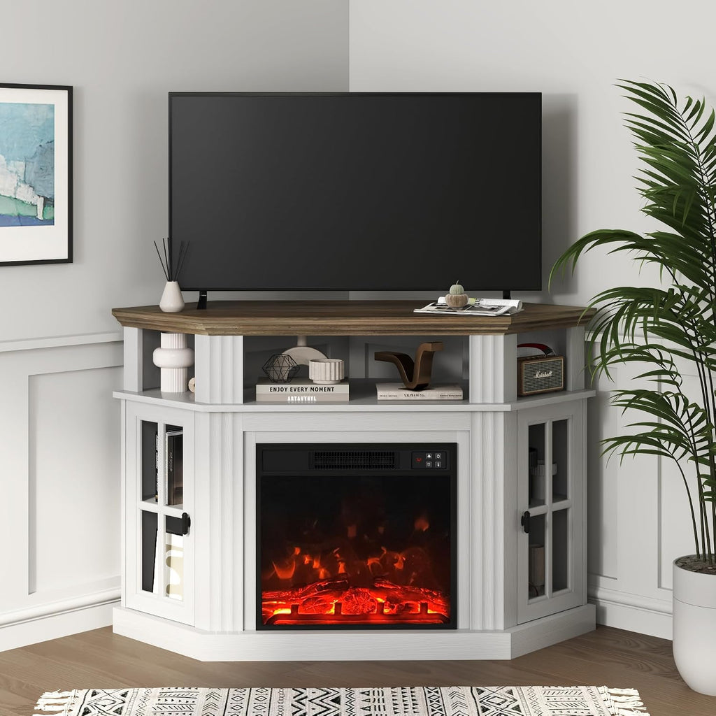 YESHOMY Corner Fireplace TV Stand for Television up to 55' with Storage Cabinets, Entertainment Center, Media Console for Living Room, Bedroom, White＆Rustic