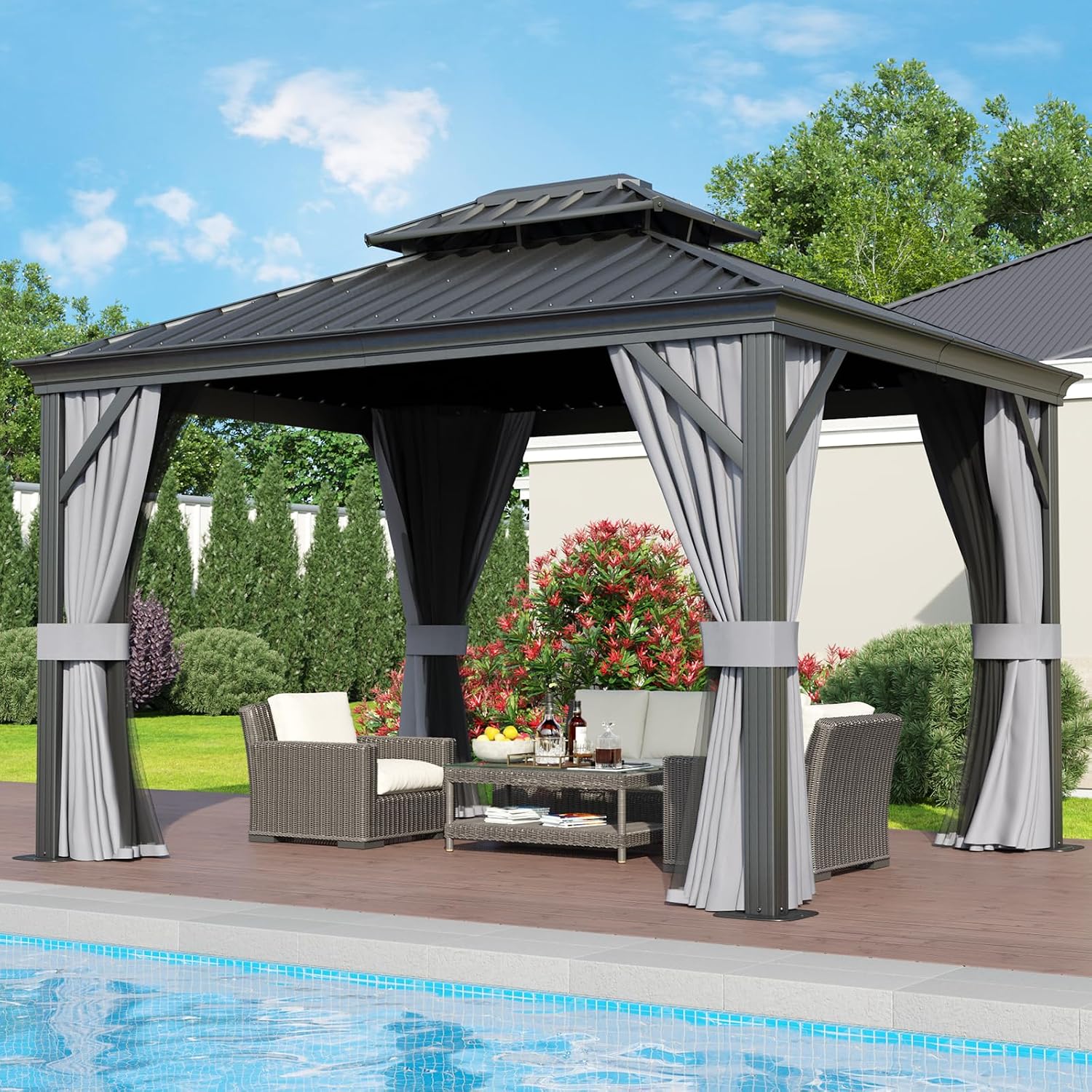 10' x 12' Permanent, Galvanized Steel Double Top, Hardtop Aluminum Frame Gazebo, Outdoor Metal Gazebo with Curtains and Netting, for Decks, Lawns, Parties, Parties