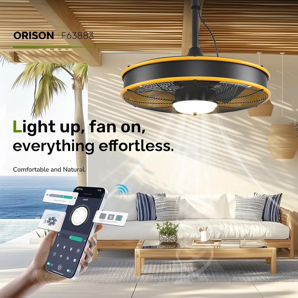 Orison 22'' Outdoor Ceiling Fans with Lights, Wet Rated Gazebo Fan with Remote, Plug in Hanging Fan for Patio Waterproof, App Controll (Yellow(black blades))