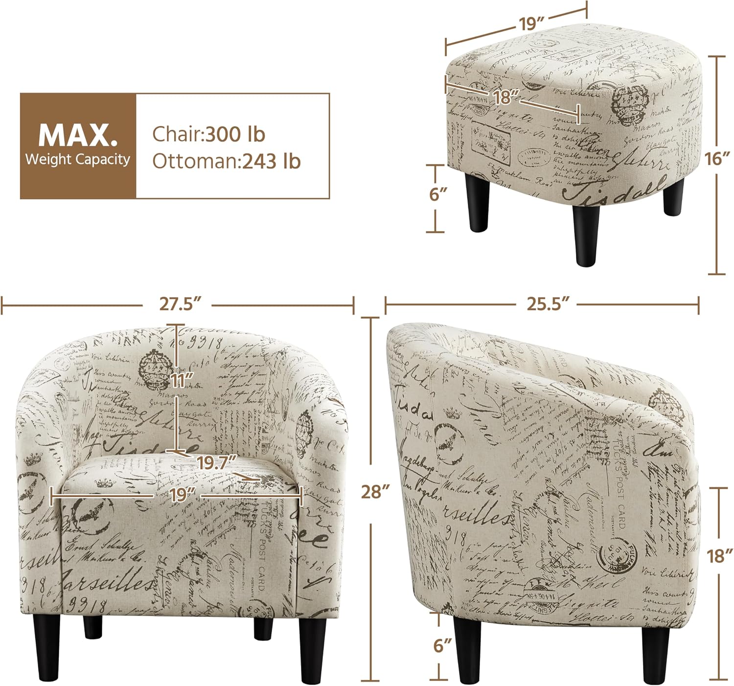 Yaheetech Modren Club Chair with Ottoman, Fabric Accent Armchair with Footstool, Upholstered Barrel Chair and Footrest for Living Room Bedroom Guestroom, Letter Print