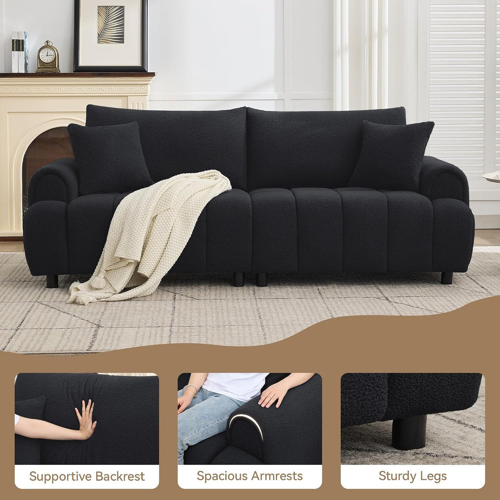 88 'Modern Boucle Sofa Couch, Oversized Comfy 3 Seater Sherpa Curved Sofas Deep Seat, Upholstered Loveseat Teddy Round Arm Couches for Living Room, Bedroom, Black