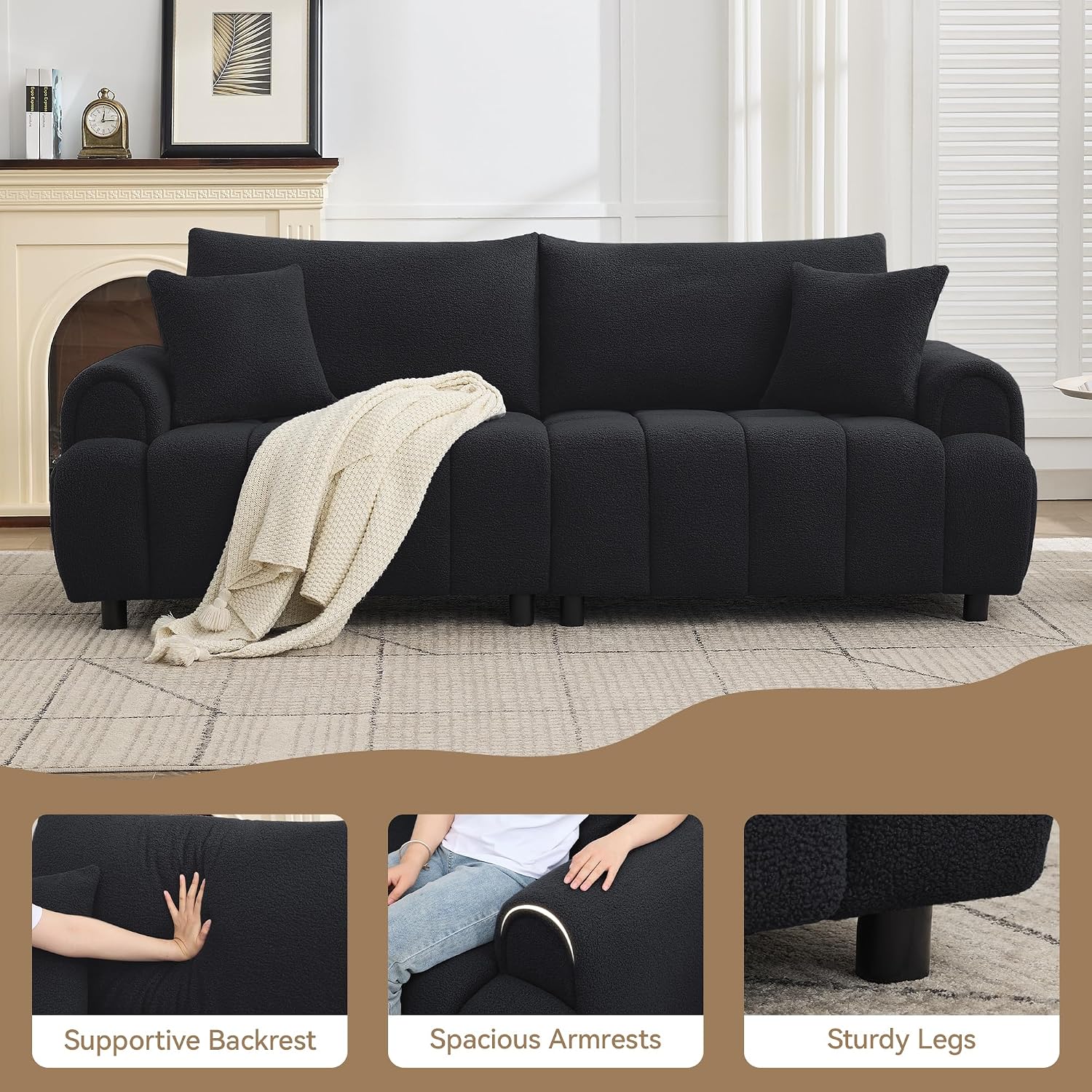88 'Modern Boucle Sofa Couch, Oversized Comfy 3 Seater Sherpa Curved Sofas Deep Seat, Upholstered Loveseat Teddy Round Arm Couches for Living Room, Bedroom, Black