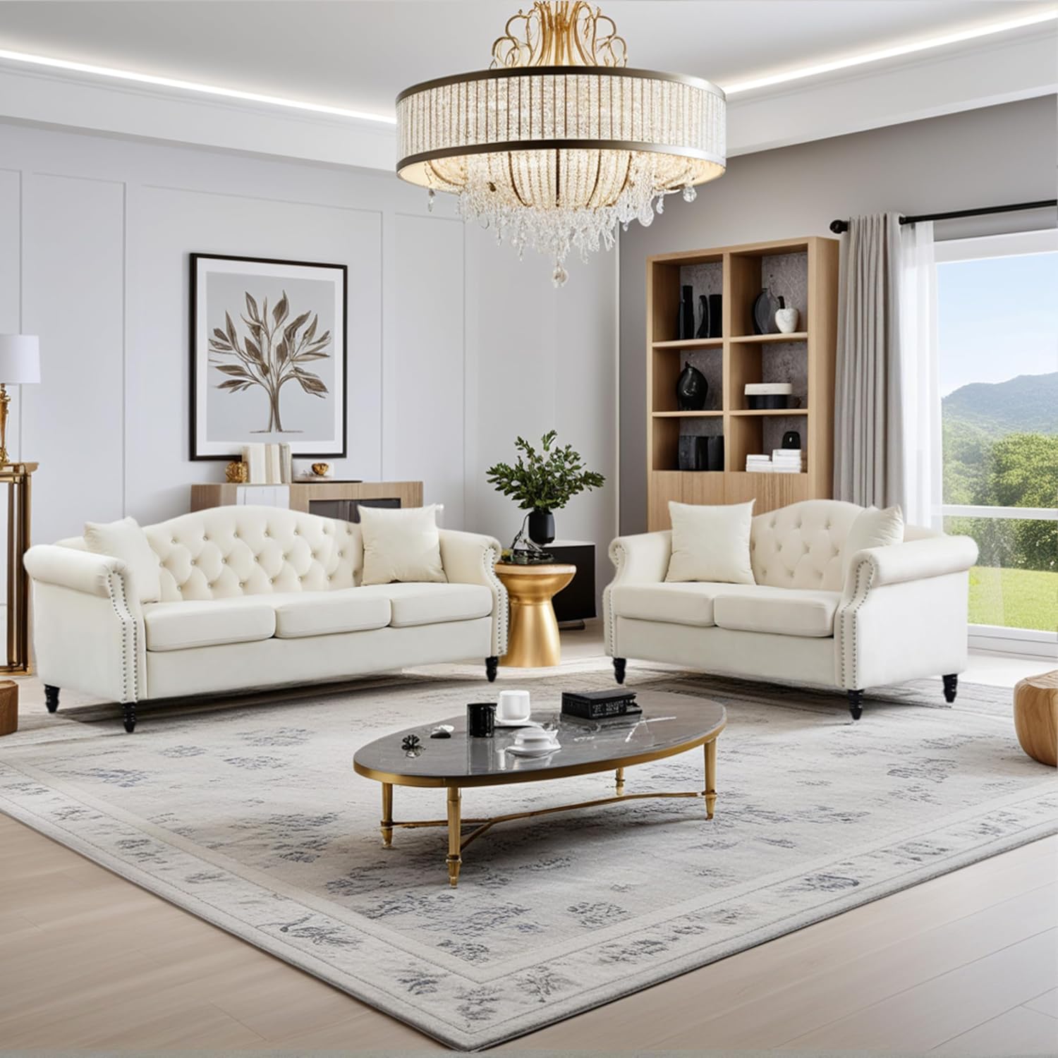 2 Piece Modern Beige Velvet 79' 3-Seater and 57' Loveseat Sofa Sets, Chesterfield Button Tufted Nailhead Combination Couch with 4 Pillows, Trimming Curved Backrest & Rolled Arm Sofa for Living Room