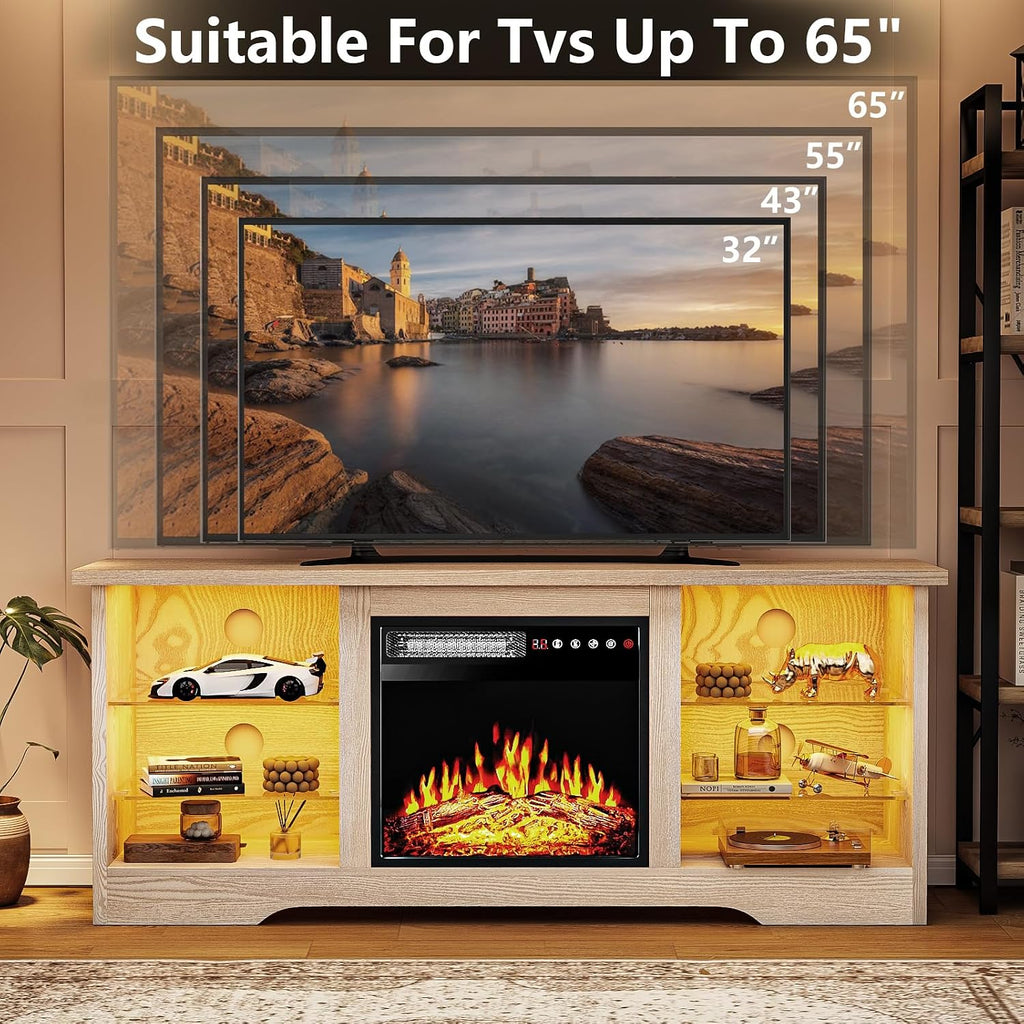 TAVATA Fireplace TV Stand with 18''Fireplace, Modern Entertainment Center for TVs up to 65 inch, Media TV Console with Adjustable Glass Shelves and Storage Cabinets (Beige)