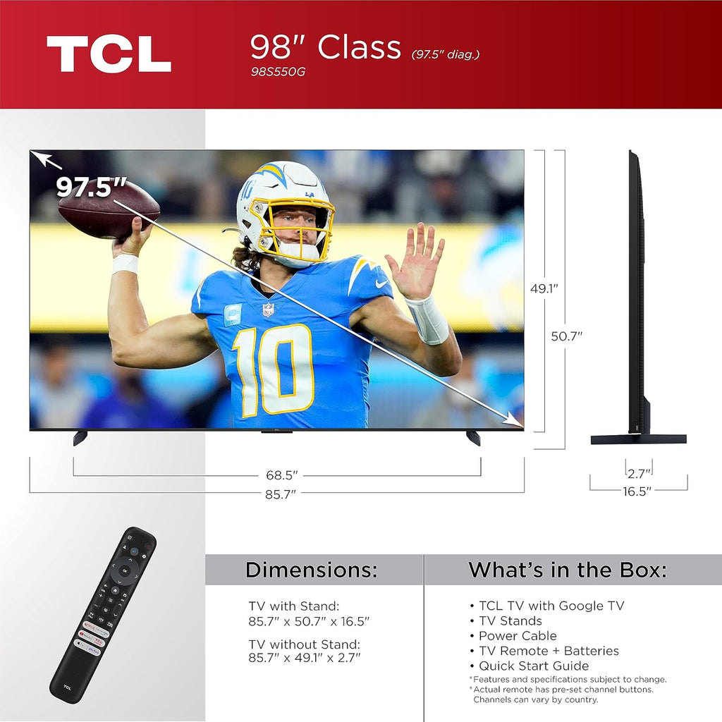 TCL 98-Inch Class S5 4K LED Smart TV with Google TV (98S550G, 2023-Model), Dolby Vision, HDR Ultra, Dolby Atmos, Google Assistant Built-In with Voice Remote, Works with Alexa, Streaming UHD Television