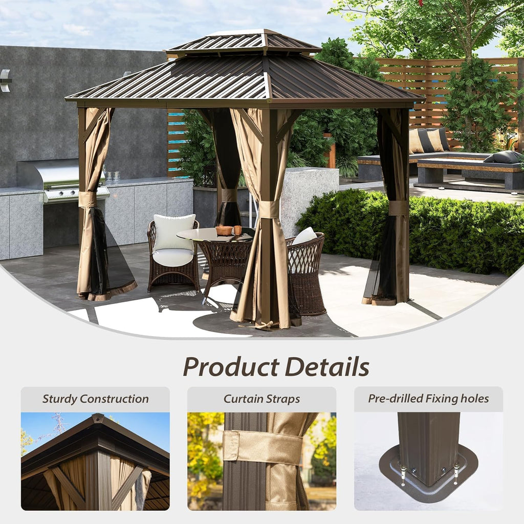 Domi 8'x10' Outdoor Gazebo, Patio Hardtop Gazebo with Galvanized Steel Double Roof, for Patio, Deck, Backyard, Curtain and Netting Included, Brown