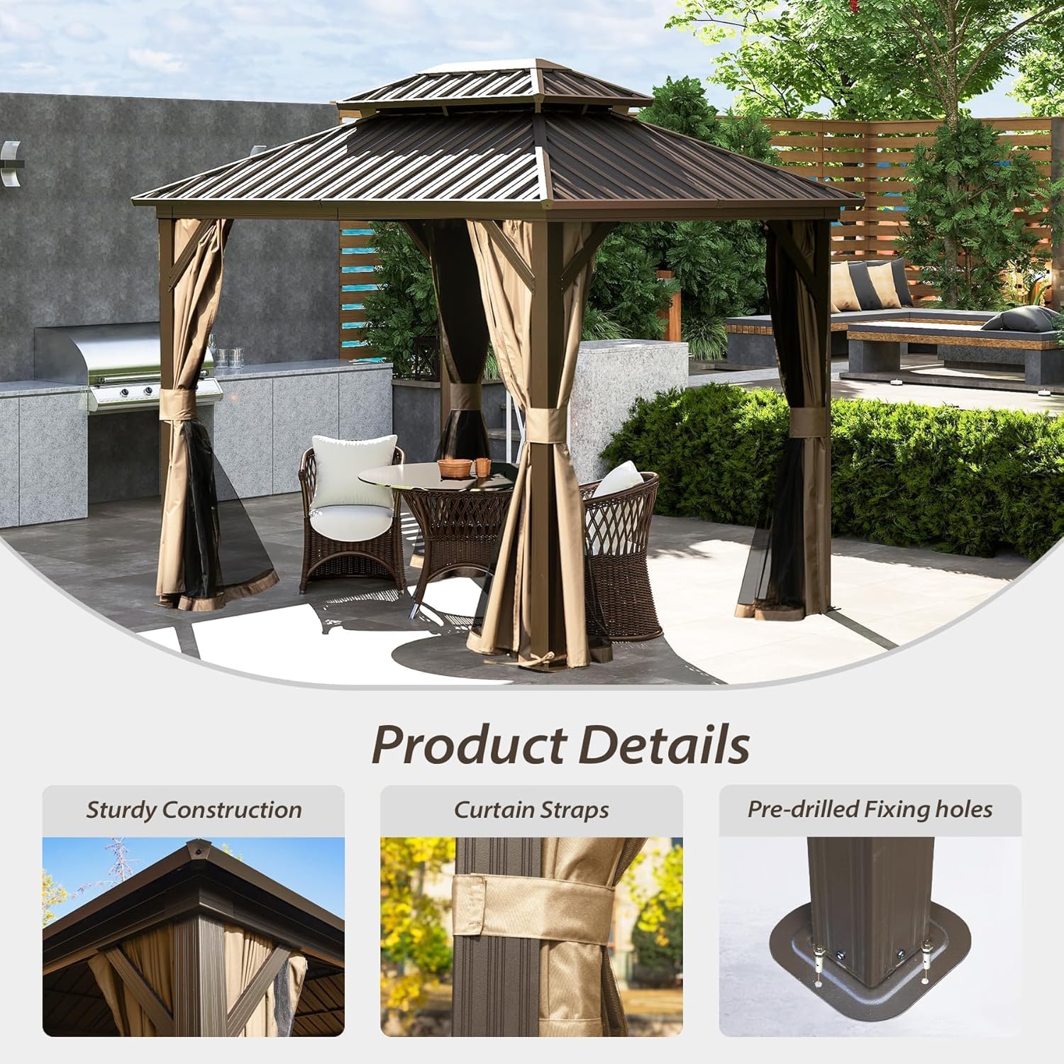 Domi 8'x10' Outdoor Gazebo, Patio Hardtop Gazebo with Galvanized Steel Double Roof, for Patio, Deck, Backyard, Curtain and Netting Included, Brown