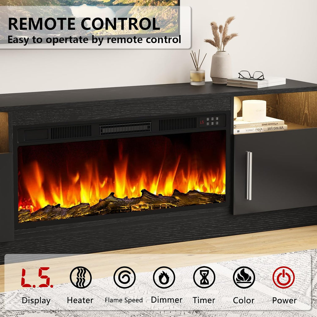 Tavata Fireplace TV Stand Entertainment Center with 36' Fireplace, 70' Wooden TV Stand for TVs Up to 80', Media TV Console with High Gloss Storage Cabinet and 16 Colors LED Lights (Black)