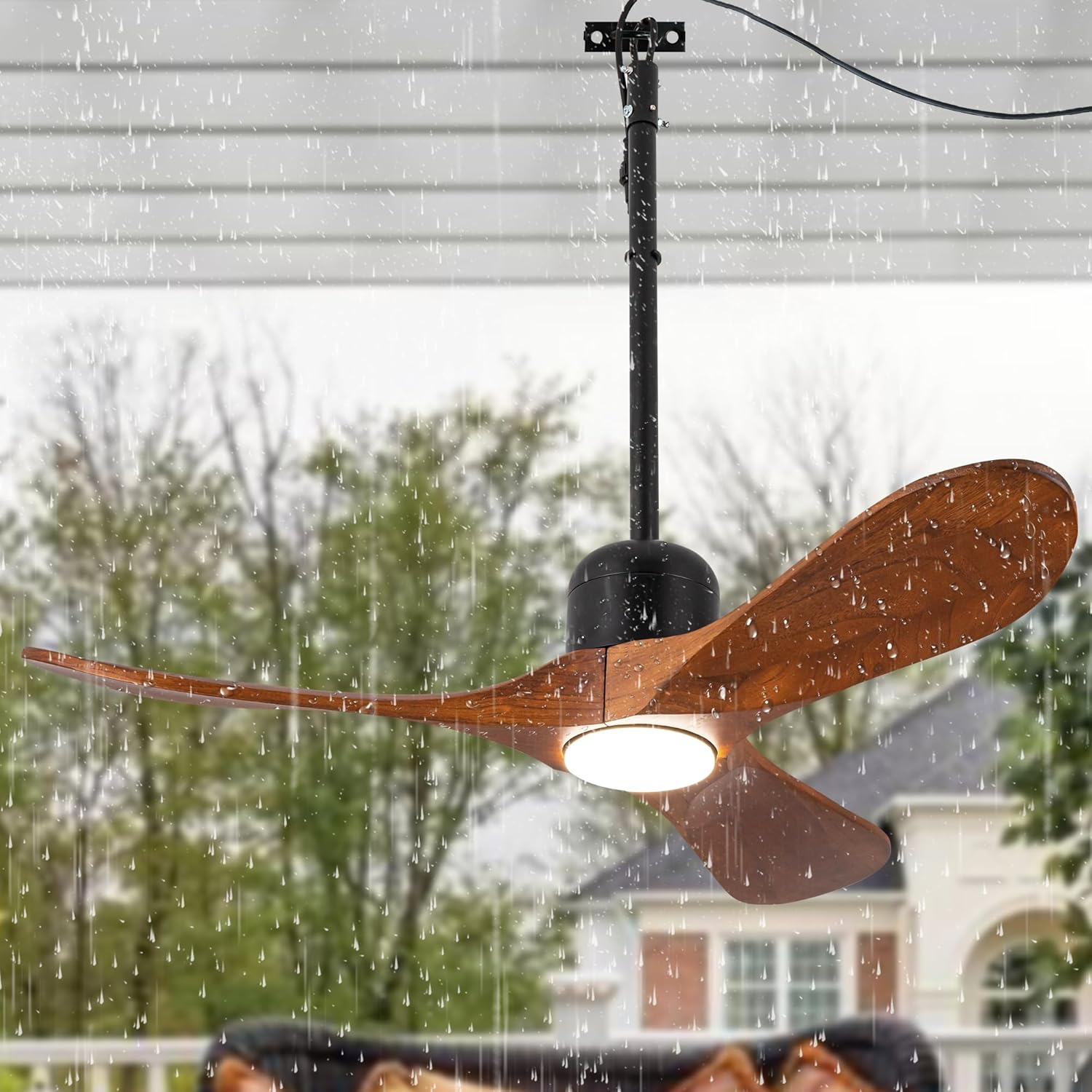 42 Inch Outdoor Ceiling Fan with Light and Remote, Wet Rated Wood Gazebo Fan with 16ft Plug-in Cord, 3 Walnut Blades Farmhouse Patio Fan, Reversible DC Motor, Memory Function, Matte Black