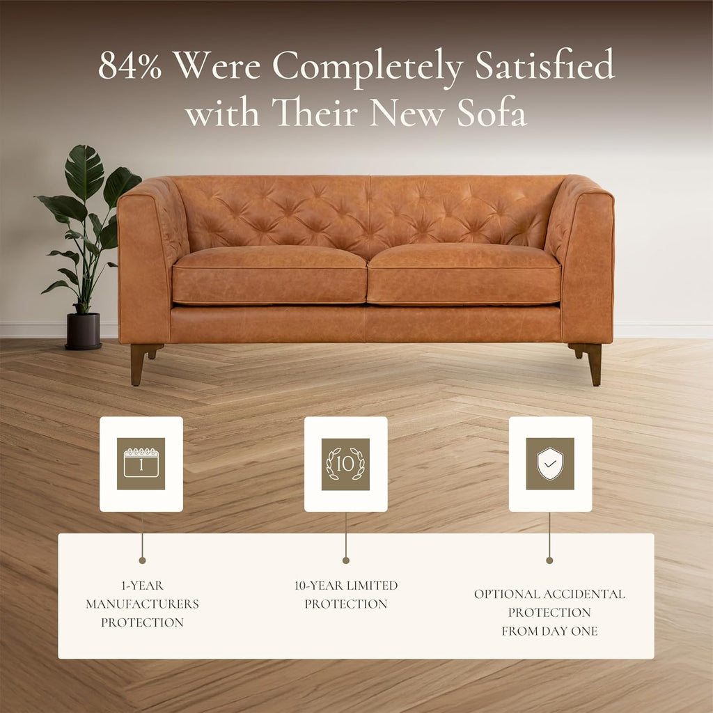 Poly & BARK Essex 74' Leather Apartment Sofa – Mid-Century Tufted Design, Full-Grain Italian Leather, Feather-Down Cushions, Cognac Tan