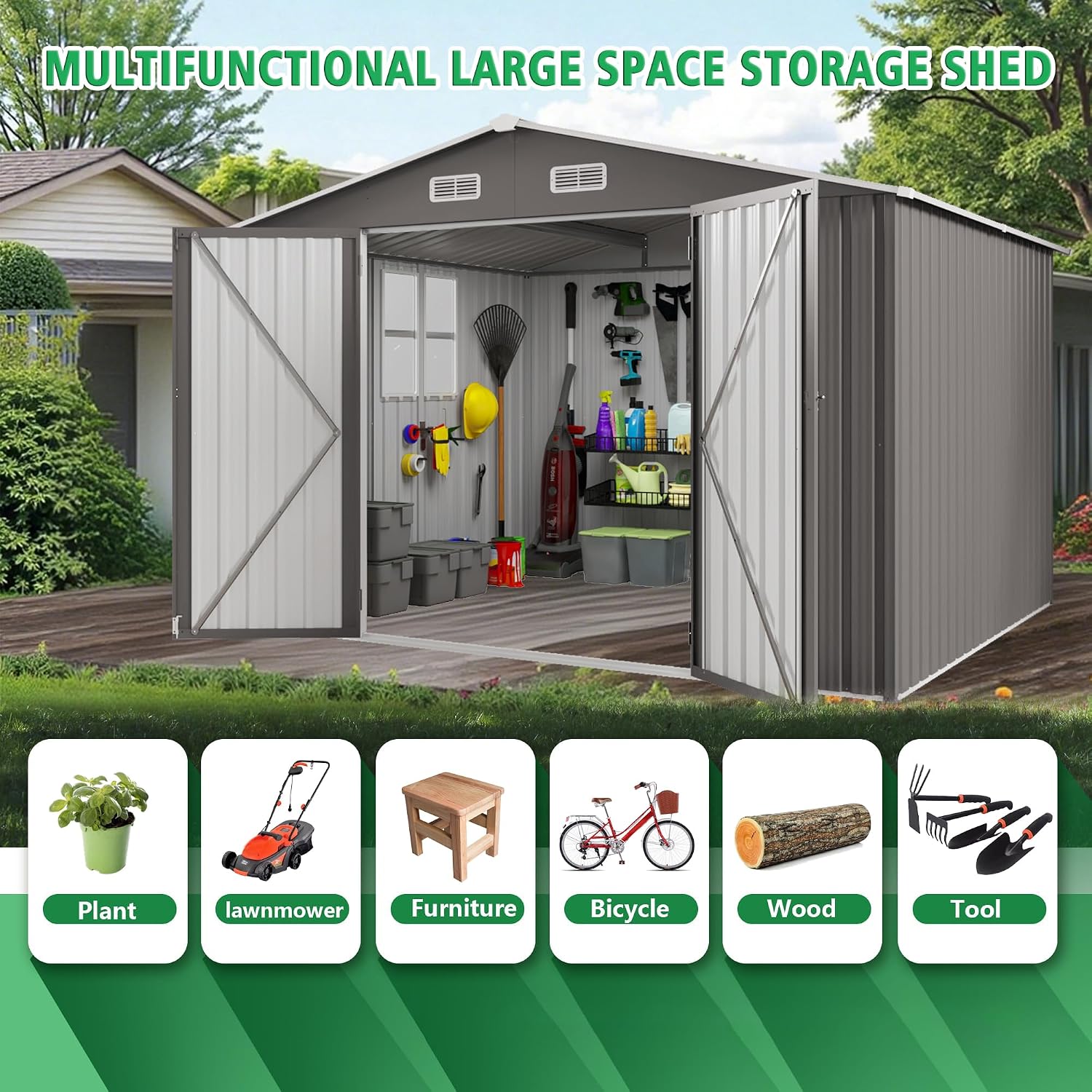 10x12 FT Outdoor Metal Storage Shed, Large Garden Tool Organizer with Double Doors and Two Windows, Waterproof Walk-in Backyard Storage Shed for Lawn, Patio, Poolside, Gray