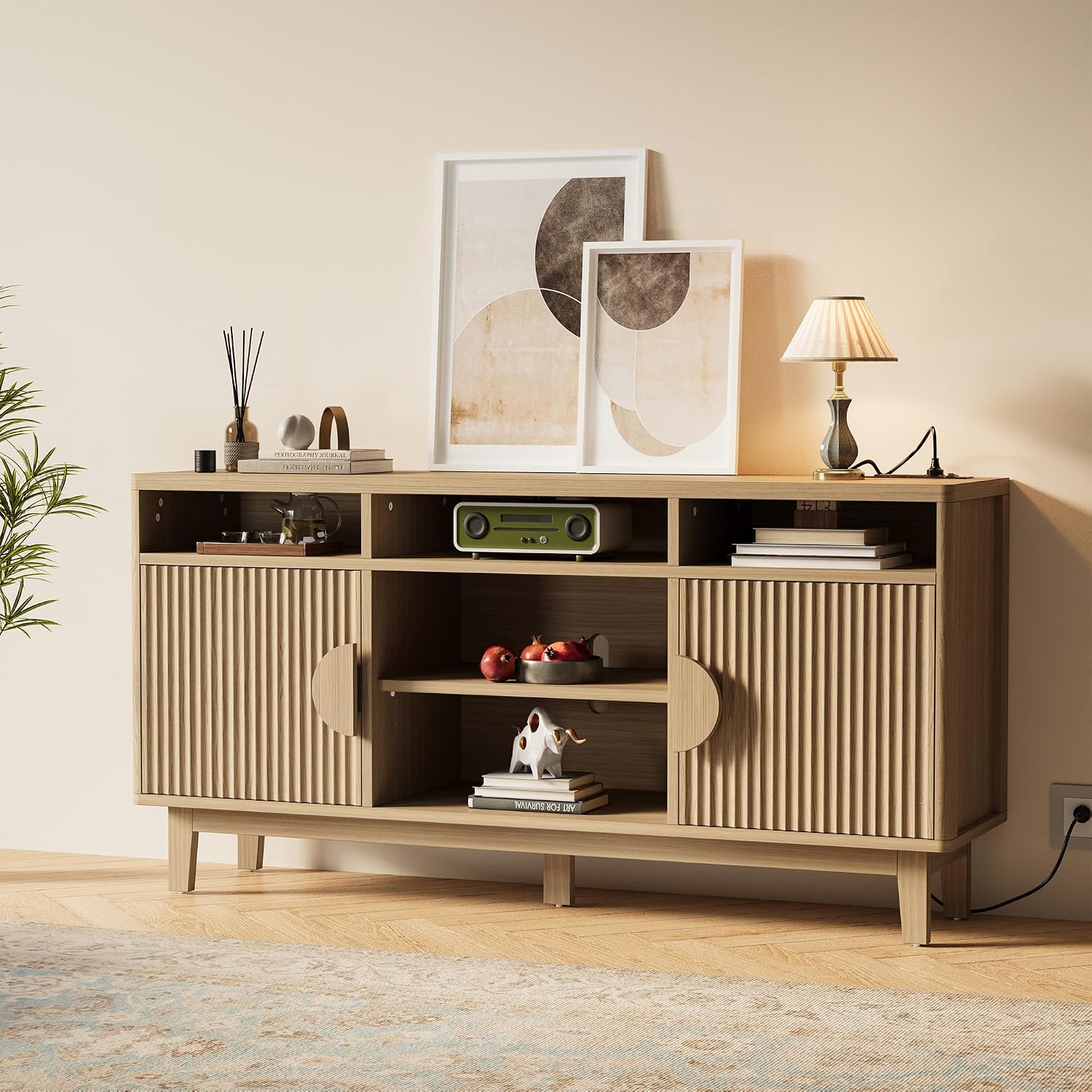 IRONCK TV Stand for 65 Inch TV, 59 Inch Entertainment Center with Storage and Charging Station, Modern Media Console with 3 Adjustable Shelf, Fluted Doors Design, Natural Oak