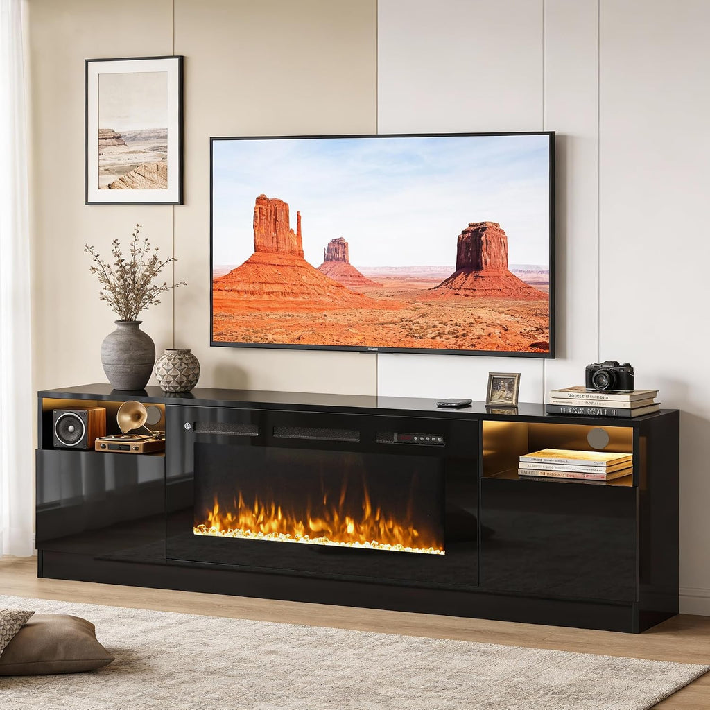 80' Fireplace TV Stand with 36' Electric Fireplace, LED Light Entertainment Center for TVs Up to 90', High-Gloss Door, Modern TV Console for Living Room with Storage Cabinet, Black+Black