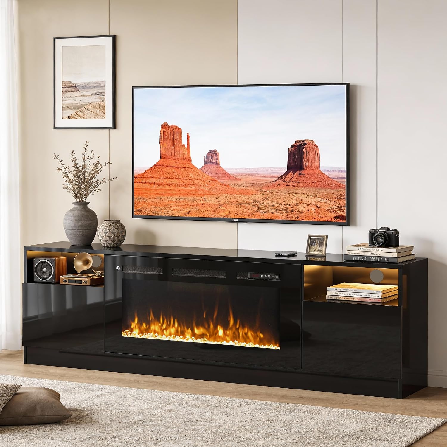 80' Fireplace TV Stand with 36' Electric Fireplace, LED Light Entertainment Center for TVs Up to 90', High-Gloss Door, Modern TV Console for Living Room with Storage Cabinet, Black+Black