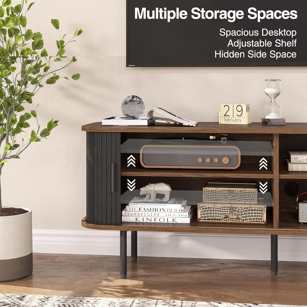 55' Modern Fluted TV Stand for TVs up to 65 Inch, Gaming Entertainment Center with Tambour Slatted Sliding Doors and Storage Cabinet, Media TV Consoles Table for Living Room, Office, Black