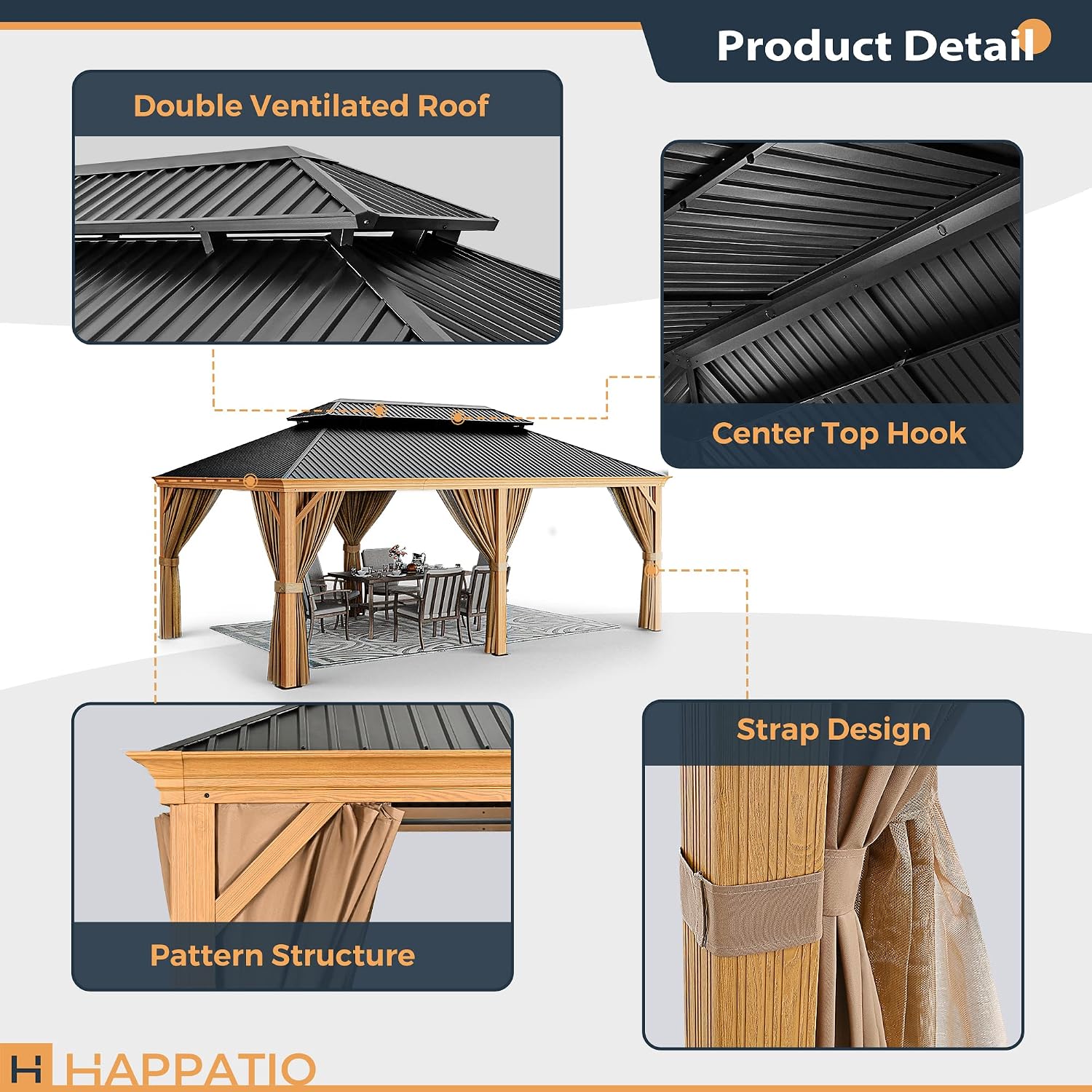 HAPPATIO 12' x 20' Hardtop Gazebo, Outdoor Wood Grain Frame Aluminum with Galvanized Steel Double Roof, Patio Metal Gazebo Canopy with Netting and Curtains for Patio, Deck, Backyard (Beige)