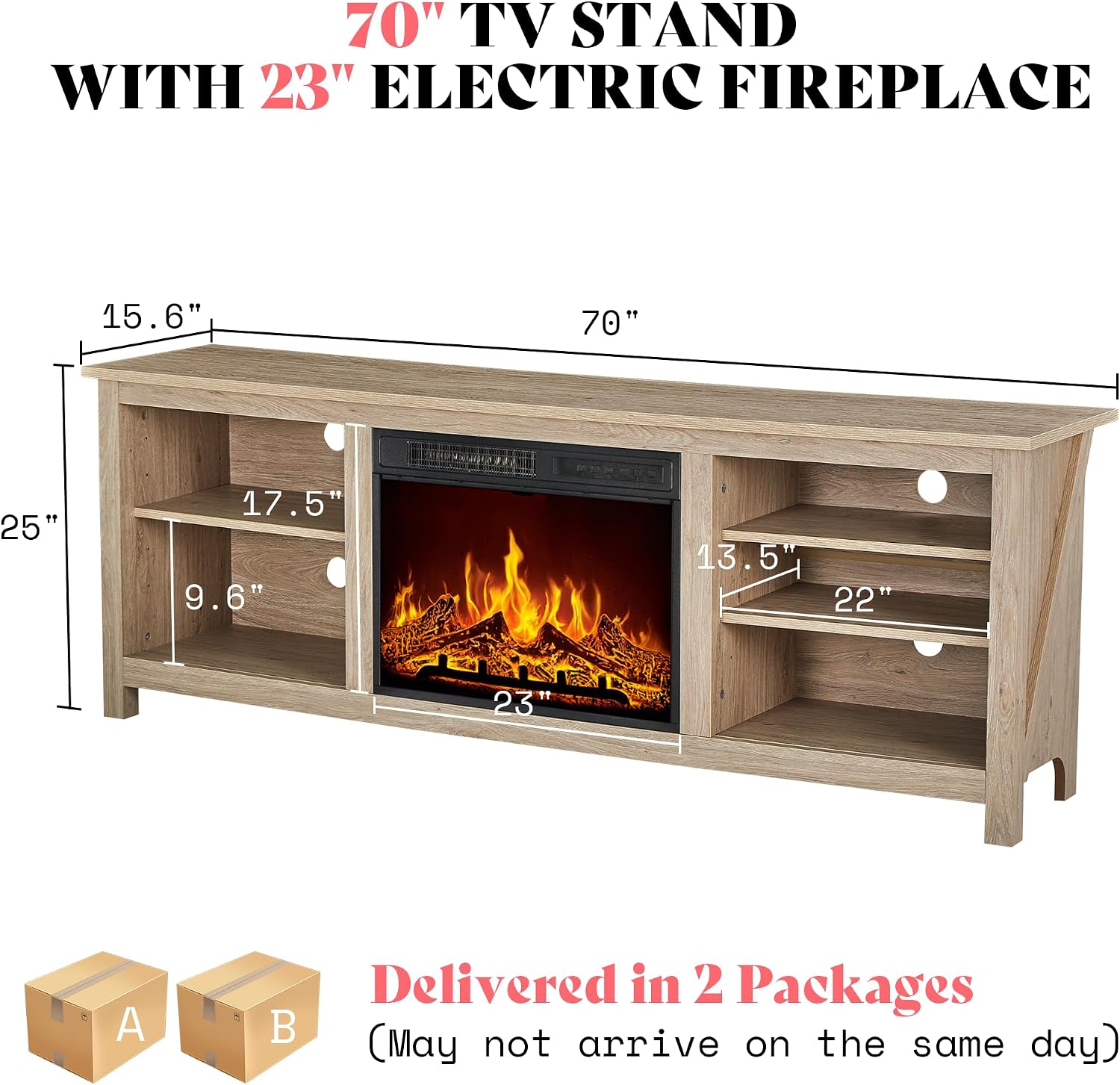 AMERLIFE Fireplace TV Stand, Wood Texture Entertainment Center with 23' Electric Fireplace, Farmhouse Entertainment Stand Media TV Console for TVs Up to 80', 70 inches, Natural Oak