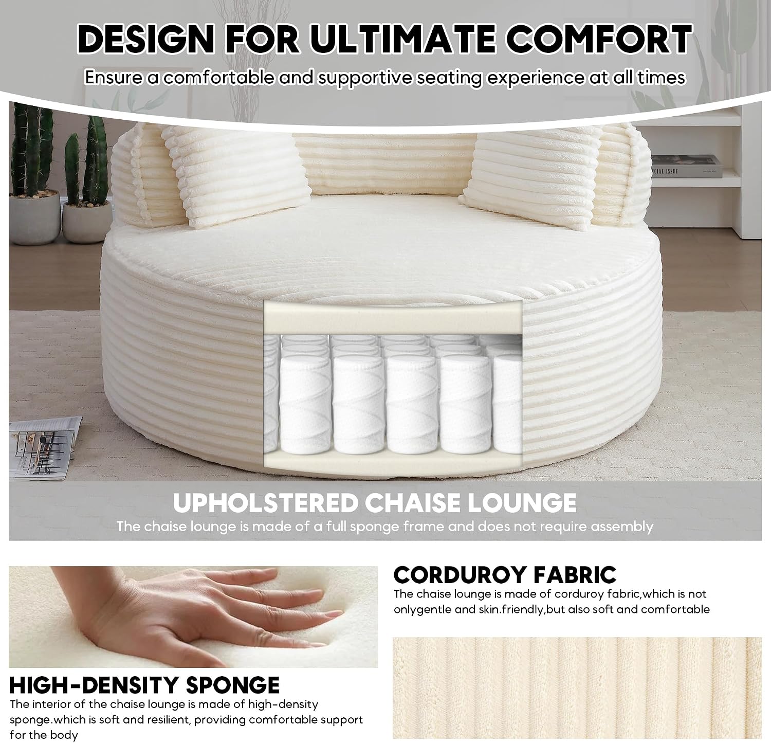 Oversized Round Chair Lounge Chaise Indoor, 53.5' Upholstered Corduroy Deep Seat Single Cloud Sofa Chair, Fluffy Modern Large Circle Boneless Sleeper Sofa for Living Room, Bedroom, Beige White