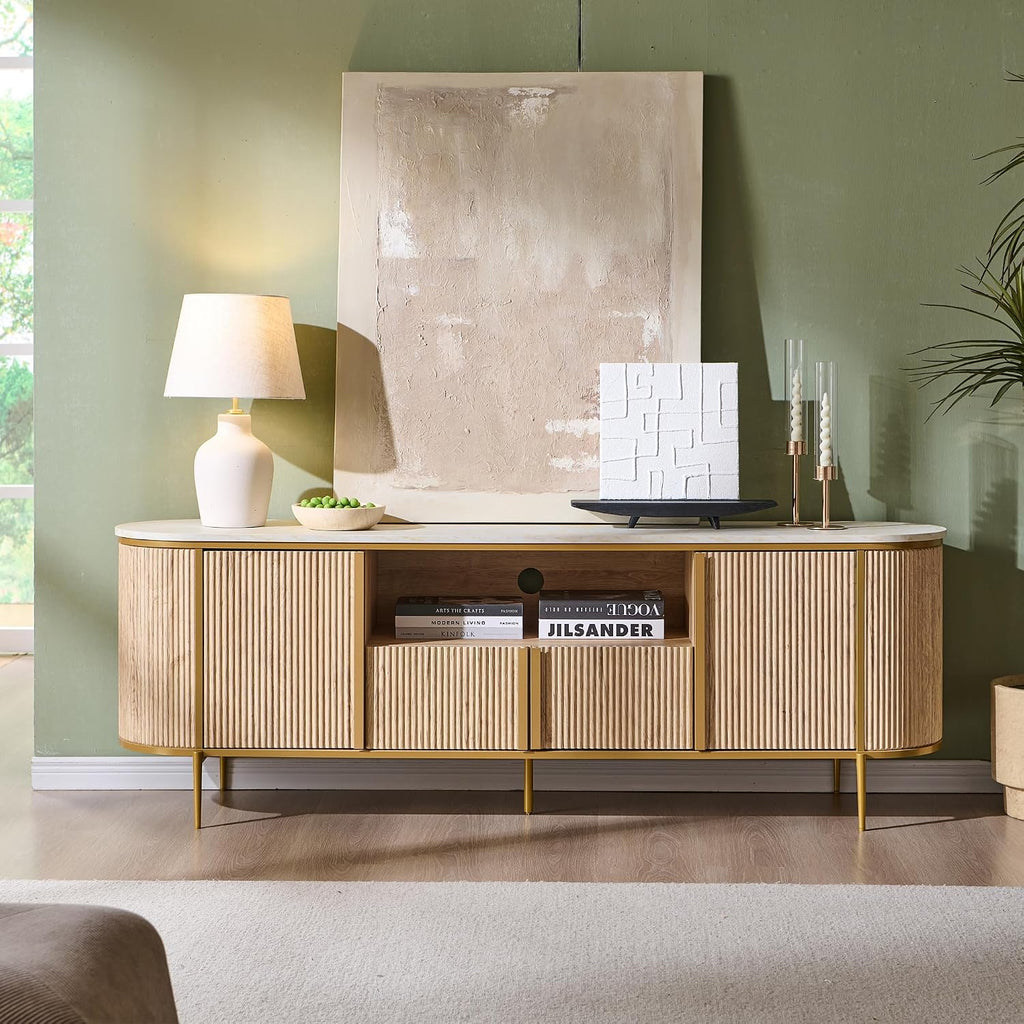 OKD Luxury 70' Fluted TV Stand, Modern Chic Entertainment Center for TVs Up to 80 inches, TV Console with Faux Marble Top, Curved Profile Design, Media Console for Living Room, Natural Oak
