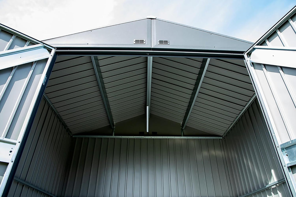 Arrow Shed Elite 12' x 14' Tall Outdoor Steel Storage Shed with High Gable and Lockable Doors Storage Building, Anthracite