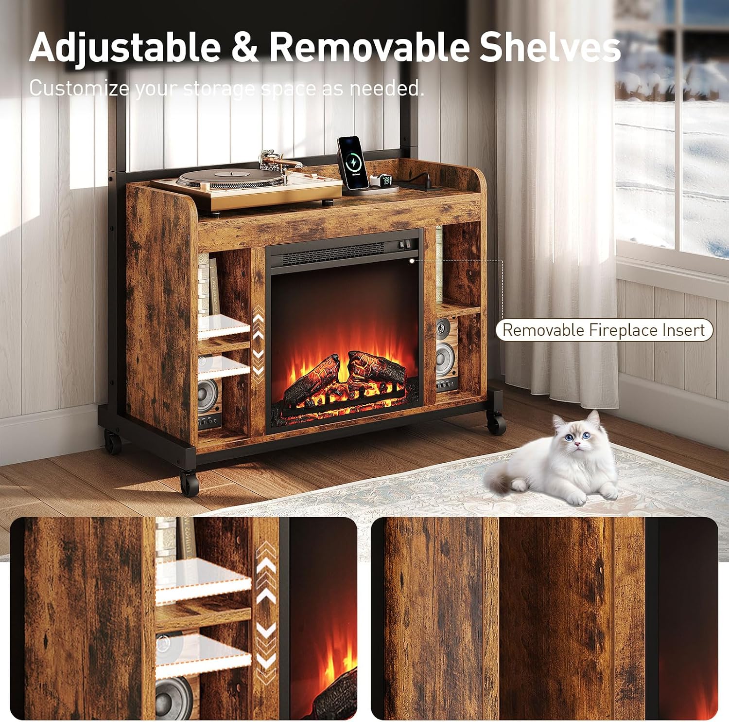 RALGEND Fireplace TV Stand with Mount for 55/60/65/75 inch TVs, Corner Entertainment Center with Power Outlet and 18' Electric Fireplace, Height Adjustable TV Console for Living Room, Rustic and Black