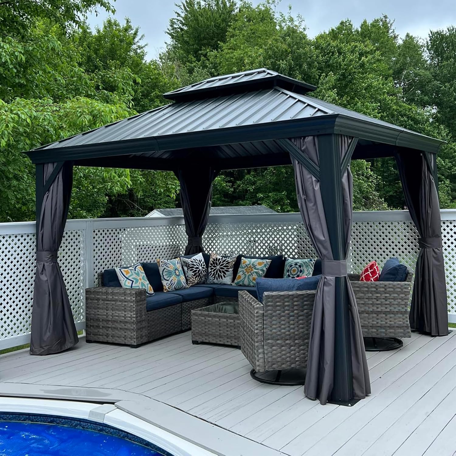 Domi Hardtop Gazebo 12x12FT, Outdoor Gazebo with Galvanized Steel Double Roof, Aluminum Frame, Built-in Gutter System, Curtain and Netting, Metal Gazebo Pavilion for Patio Deck Garden, Grey