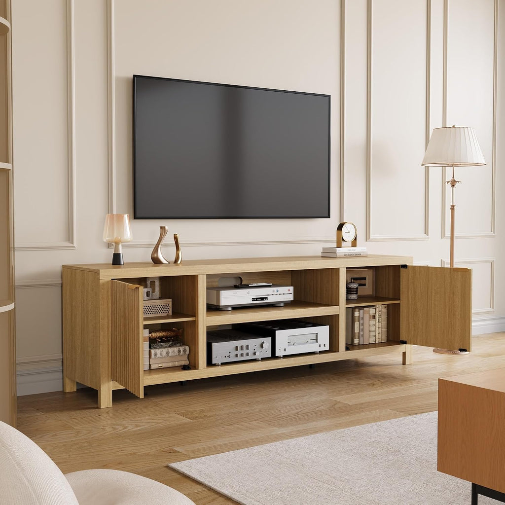 IDEALHOUSE Fluted TV Stand for 75+'', Modern Entertainment Center with 2-Tier Storage & Adjustable Shelves, Media Console Cabinet with 2 Fluted Doors & Gold Handle for Living Room Bedroom, Natural Oak