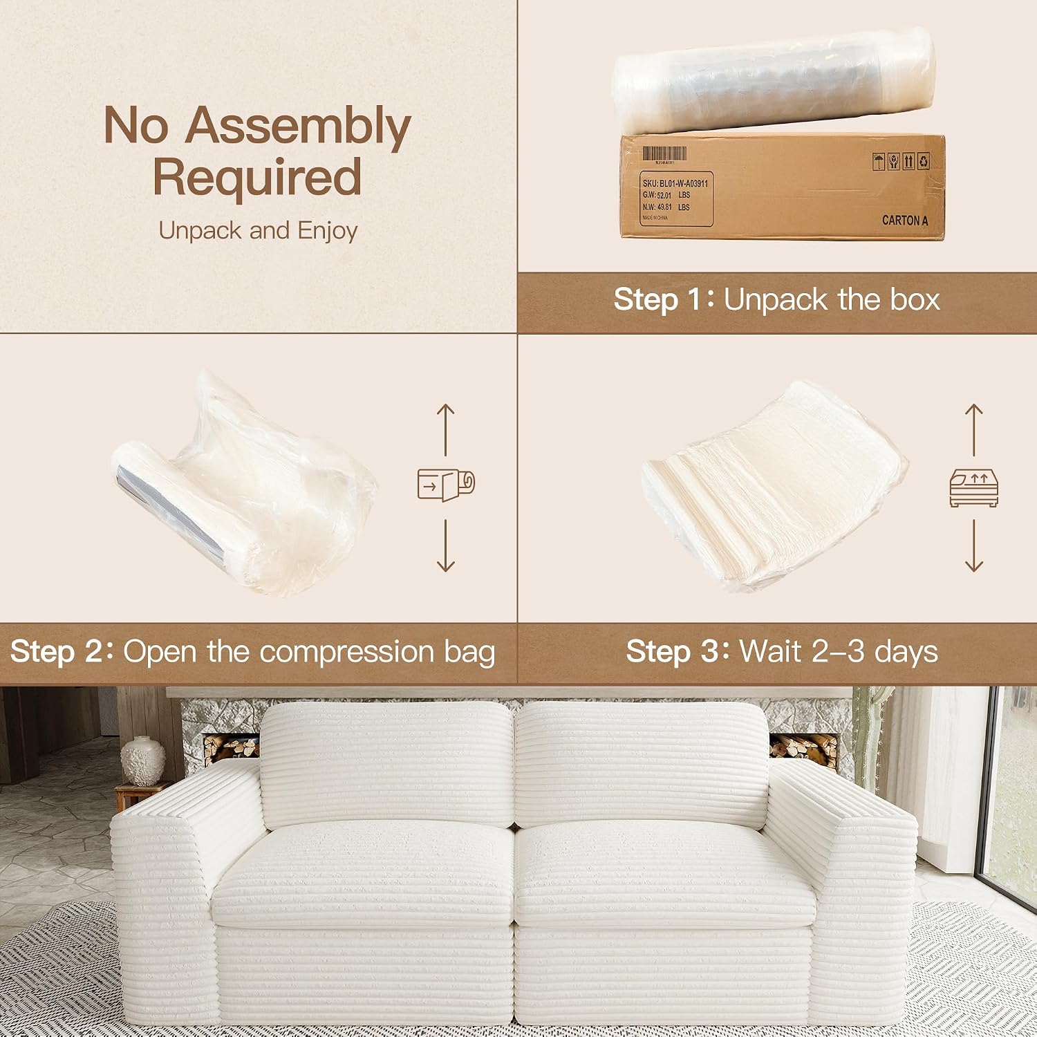 Boneless Loveseat Sofa Plush Corduroy Sectional Couch with Deep Seat Modular Cloud Sectional Couches for Living Room.Biege Sofa.