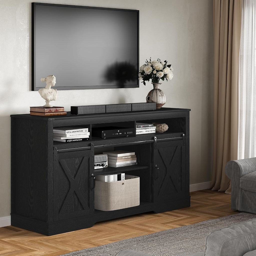 RoyalCraft Farmhouse TV Stand for 65+ Inch TV, Tall Entertainment Center with Storage Cabinets and Sliding Barn Doors, Mid Century Modern Media TV Console Table for Living Room (Black)