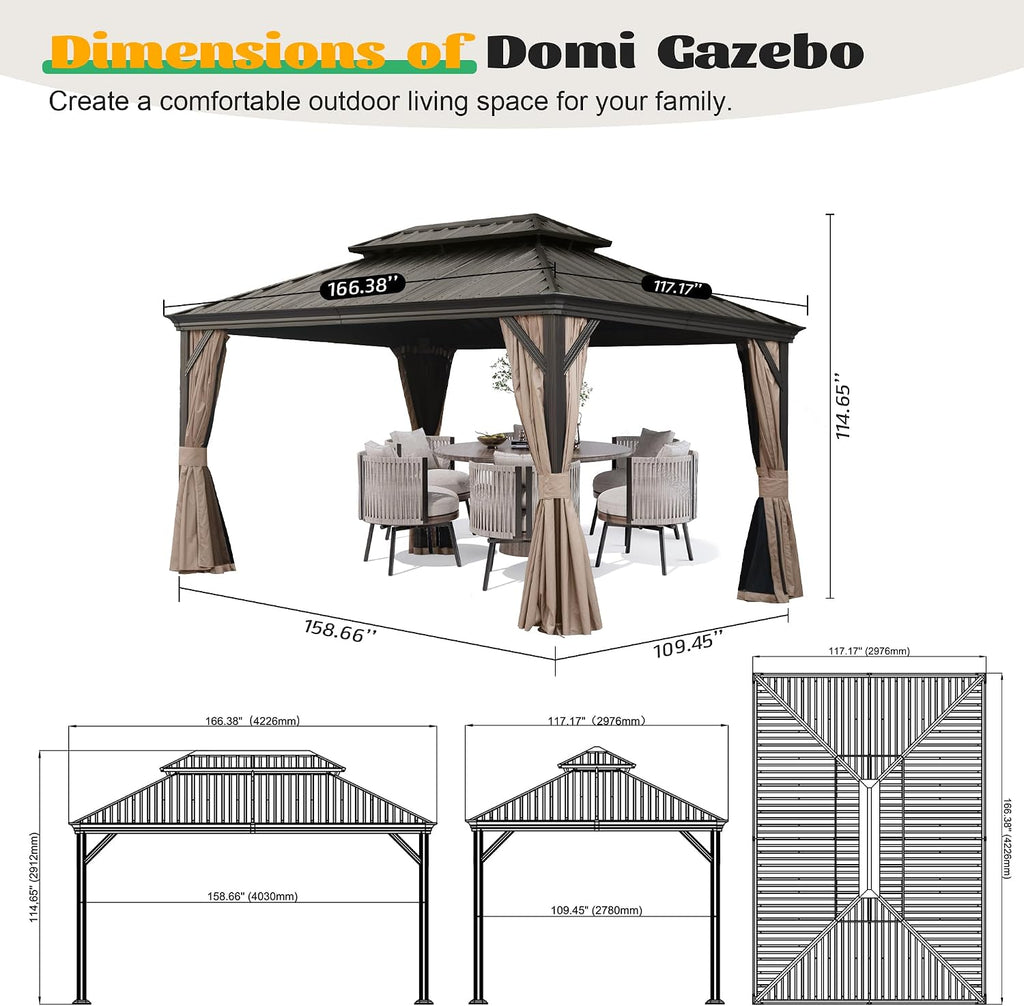 Domi 10x14FT Hardtop Gazebo, Outdoor Gazebo with Double Galvanized Steel Roof, Metal Pavilion Shelter for Patio, Lawn and Garden, Detachable Curtain and Netting Included, Brown