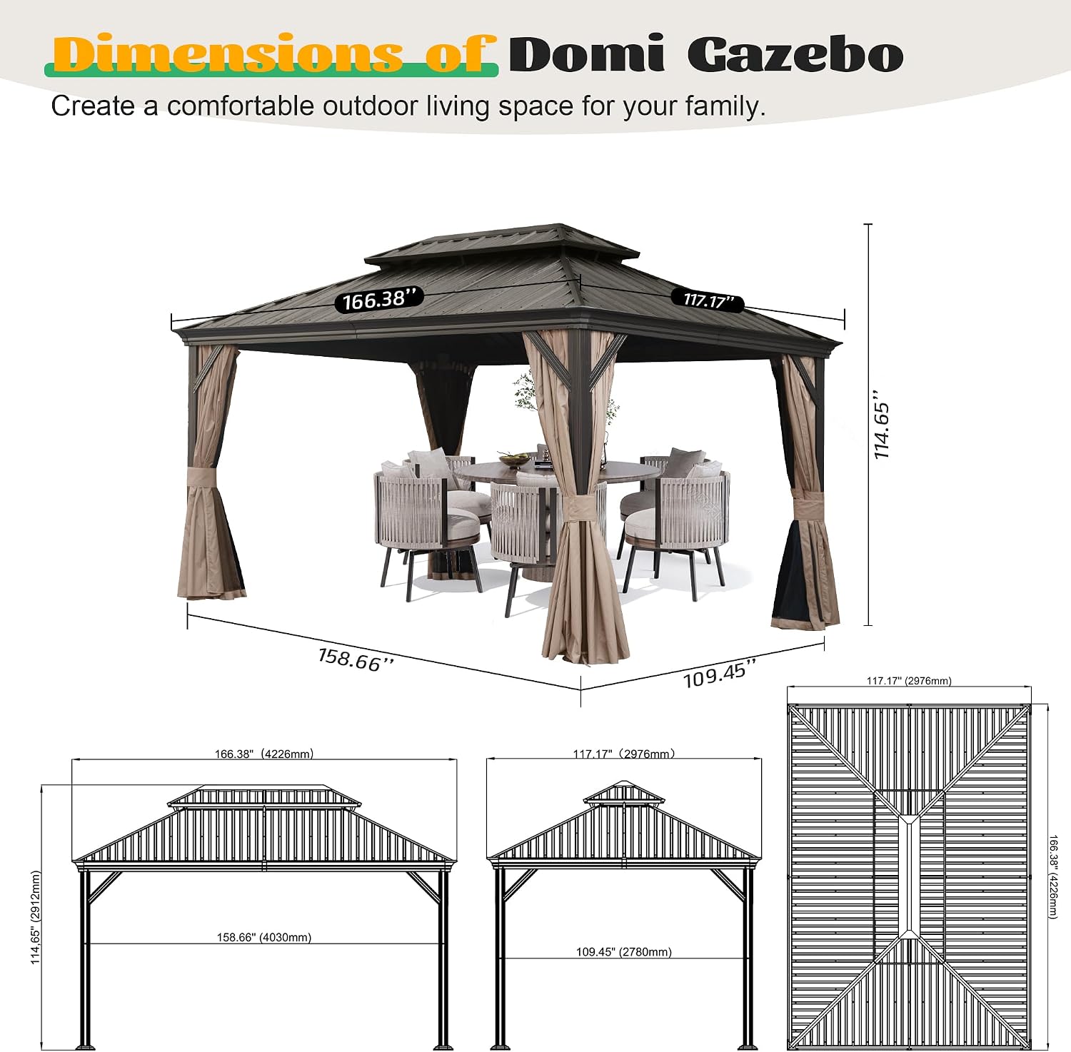 Domi 10x14FT Hardtop Gazebo, Outdoor Gazebo with Double Galvanized Steel Roof, Metal Pavilion Shelter for Patio, Lawn and Garden, Detachable Curtain and Netting Included, Brown