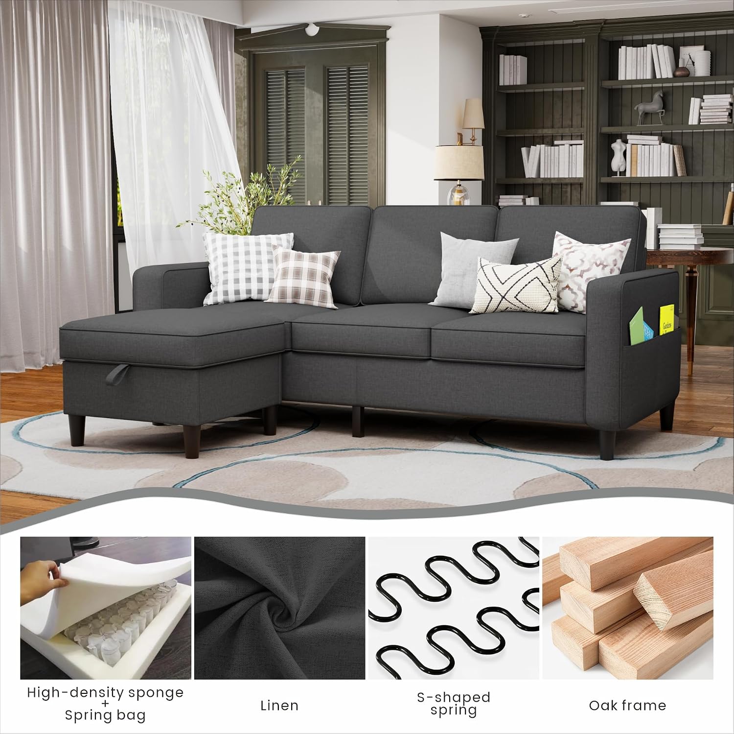 Youmumeub Sectional Couches for Living Room - Convertible Sofa and Storage Bench,79''Modern Corner Configuration,Suitable for Living Room, Apartment, Bedroom and Office-Gray | Reversible Chaise, Reversible Chaise