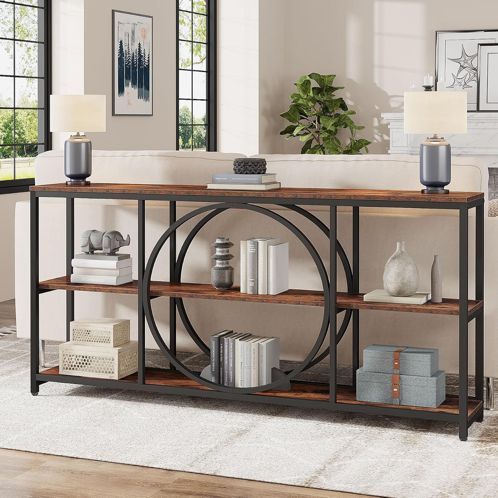 Tribesigns Extra Long Console Table, 70.9 inch Narrow Sofa Tables with 3 Tier Wood Storage Shelves Industrial Metal Frame for Entryway Hallway Living Room Behind Couch, Rustic Brown Black