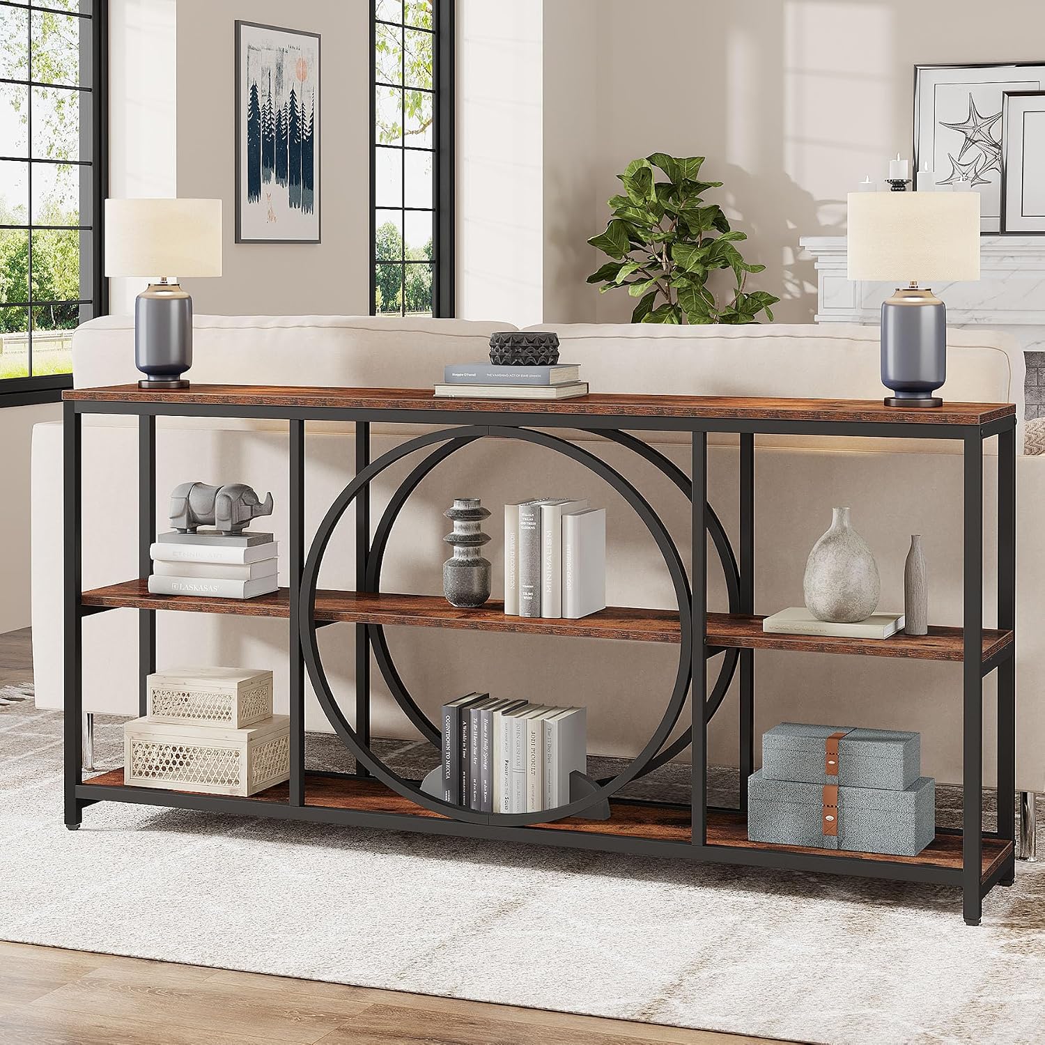 Tribesigns Extra Long Console Table, 70.9 inch Narrow Sofa Tables with 3 Tier Wood Storage Shelves Industrial Metal Frame for Entryway Hallway Living Room Behind Couch, Rustic Brown Black