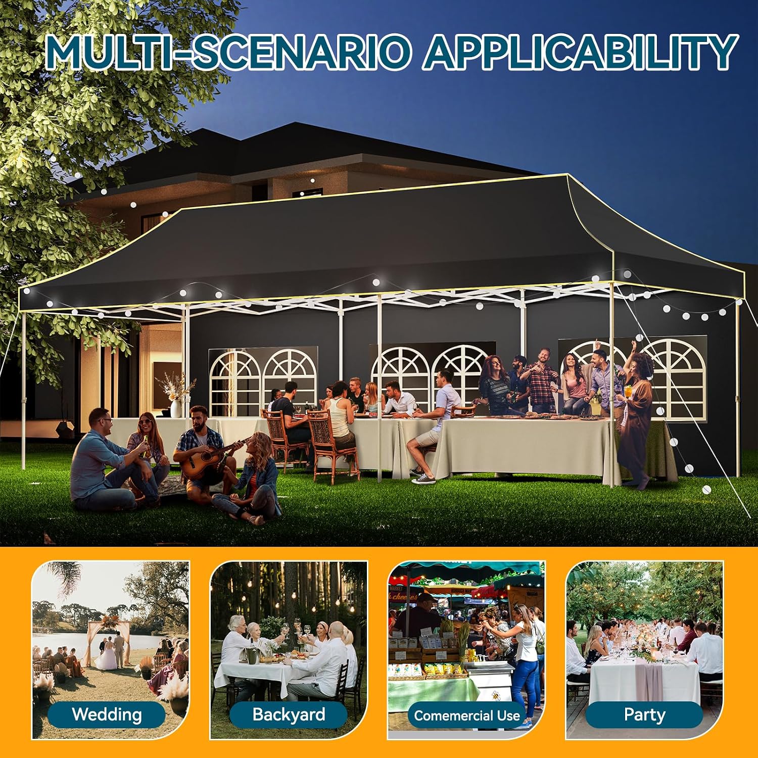 Hoteel 10x30 Pop Up Canopy Tent Heavy Duty with 5 Sidewalls, Waterproof Party Tent, Easy Set-up Commercial Instant Tents with Roller Bag & Sandbags, Hexagonal Leg (1-Year Warranty)