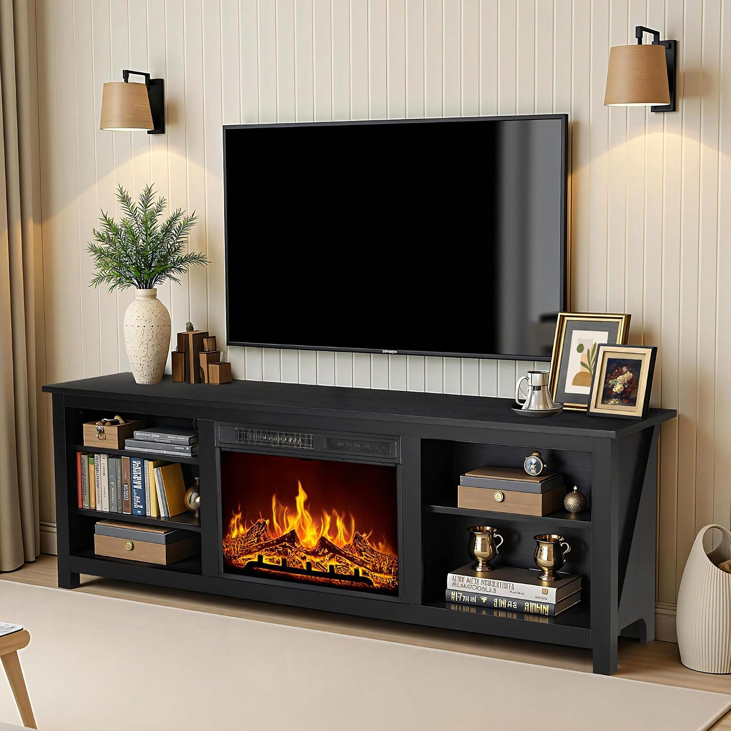 AMERLIFE Fireplace TV Stand, Wood Texture Entertainment Center with 23'' Electric Fireplace, Farmhouse Entertainment Stand Media TV Console for TVs Up to 80'', 70 inches, Black