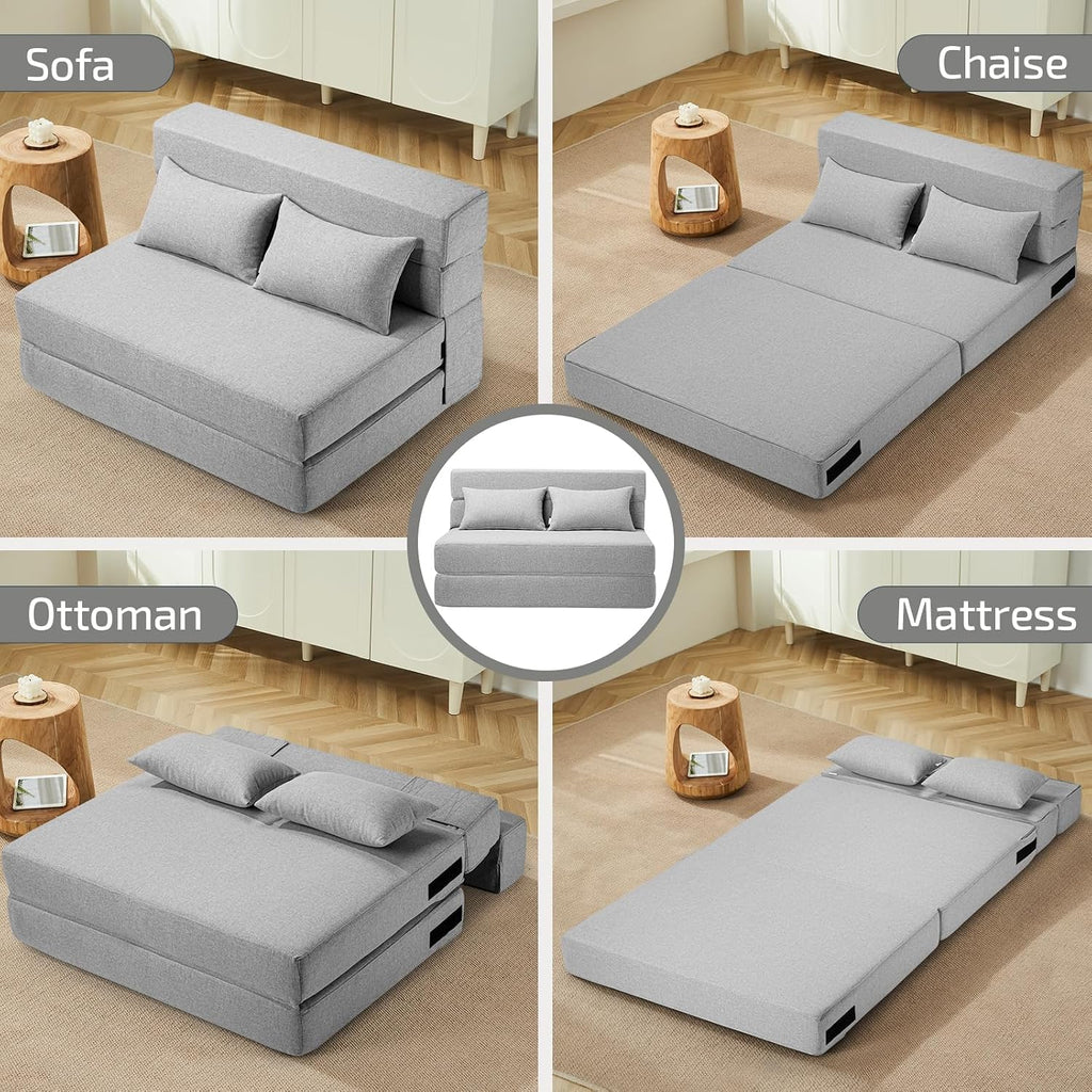 SUYOLS Folding Sofa Bed with Pillows- Convertible Chair Floor Couch & Sleeping Mattress, Foldable Memory Foam Sleeper for Living Room/Dorm/Guest Room/Home Office/Apartment/Loft, Twin, Light Gray