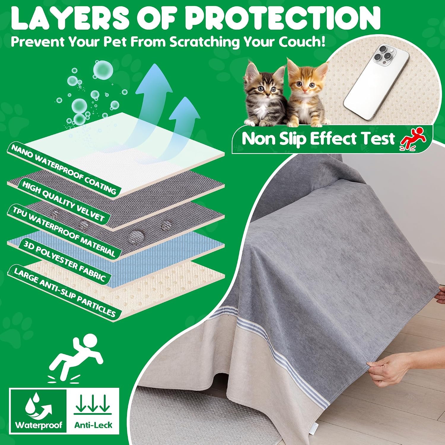 Cat Scratch Furniture Protector - Anti-Slip, Waterproof Sofa Cover to Keep Cats Off, Pet-Friendly Couch Protectors for 3 Cushion Couch, Anti-Scratch Couch Cover for Pets and Kids 150'X91'Dark Gray