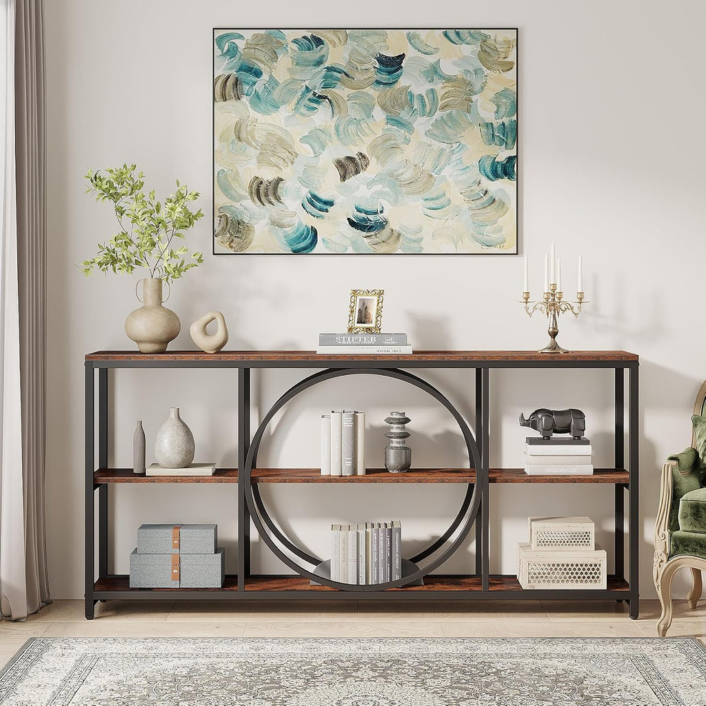 Tribesigns Extra Long Console Table, 70.9 inch Narrow Sofa Tables with 3 Tier Wood Storage Shelves Industrial Metal Frame for Entryway Hallway Living Room Behind Couch, Rustic Brown Black