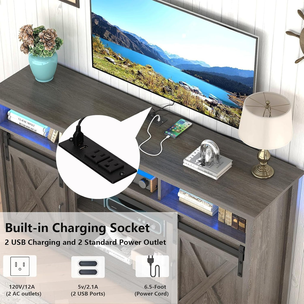 57' LED Farmhouse TV Stand for 65/60/55 Inch TVs,Tall Entertainment Center Storage Cabinets w/Power Outlets and Sliding Barn Door,Rustic TV Stands for Living Room,Media Console Cabinet (Charcoal)