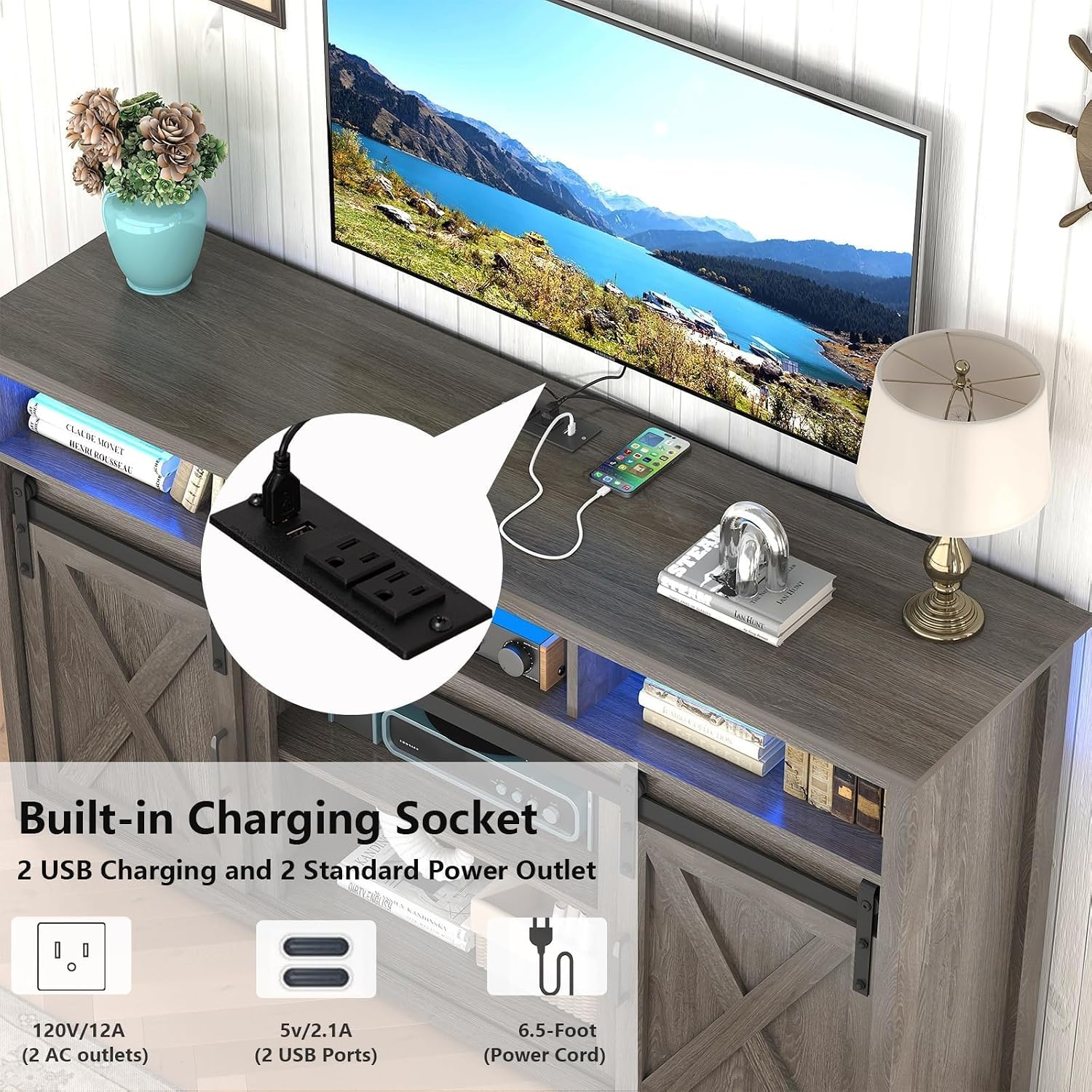 57' LED Farmhouse TV Stand for 65/60/55 Inch TVs,Tall Entertainment Center Storage Cabinets w/Power Outlets and Sliding Barn Door,Rustic TV Stands for Living Room,Media Console Cabinet (Charcoal)