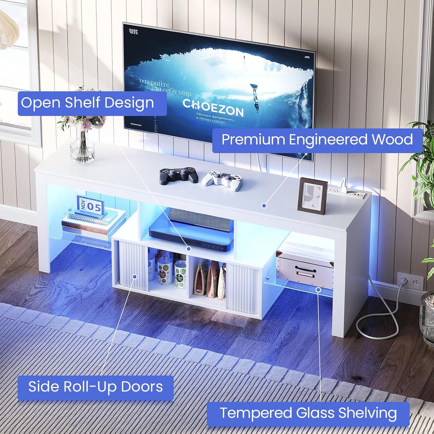 CHOEZON TV Stand with Power Outlet, Modern TV Cabinet for 55 60 inch TVs, Media TV Console with LED Light Strip, Media Entertainment Center with Storage, for Living Room, Bedroom, White MDS02UDWB
